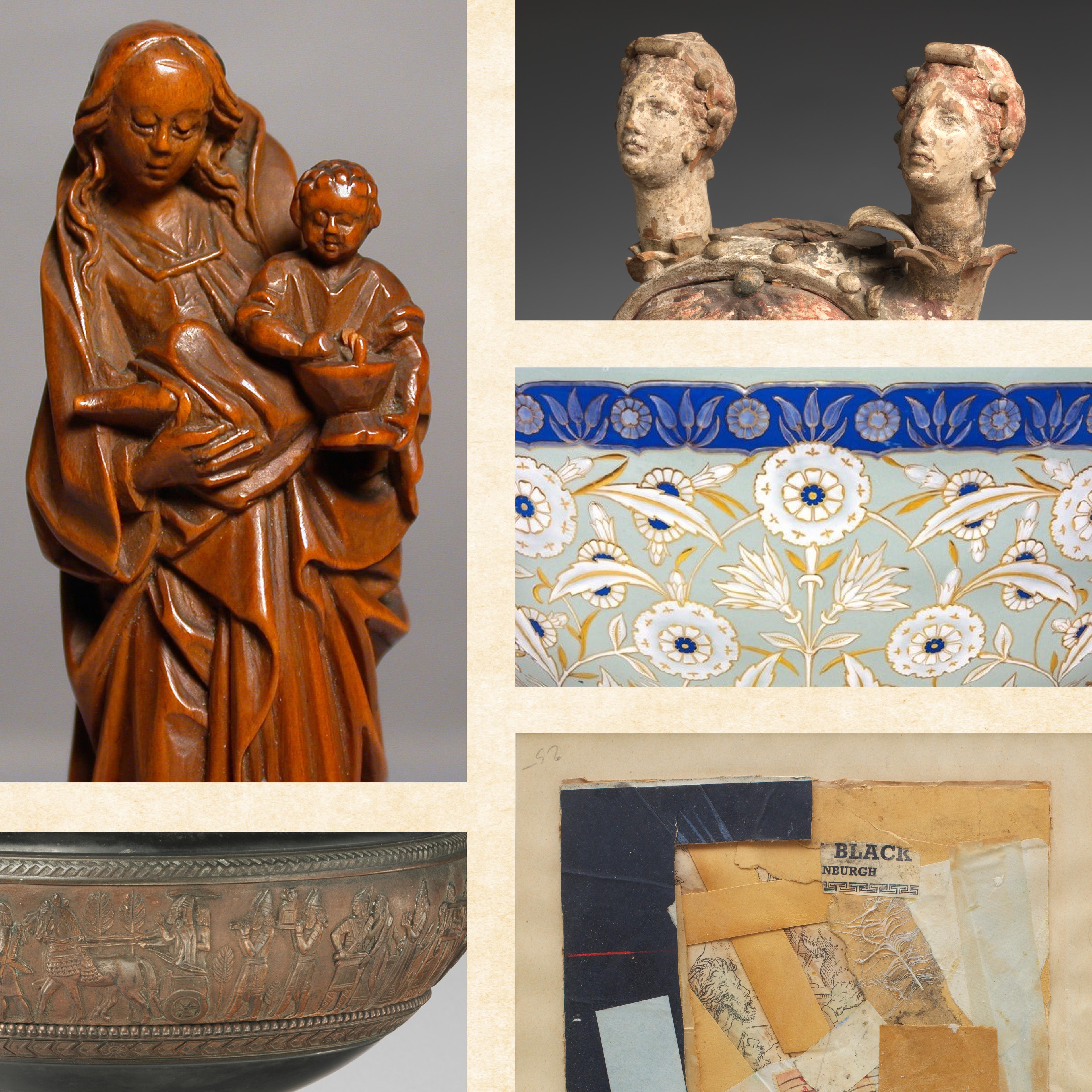 A collage of five artworks against a light parchment background