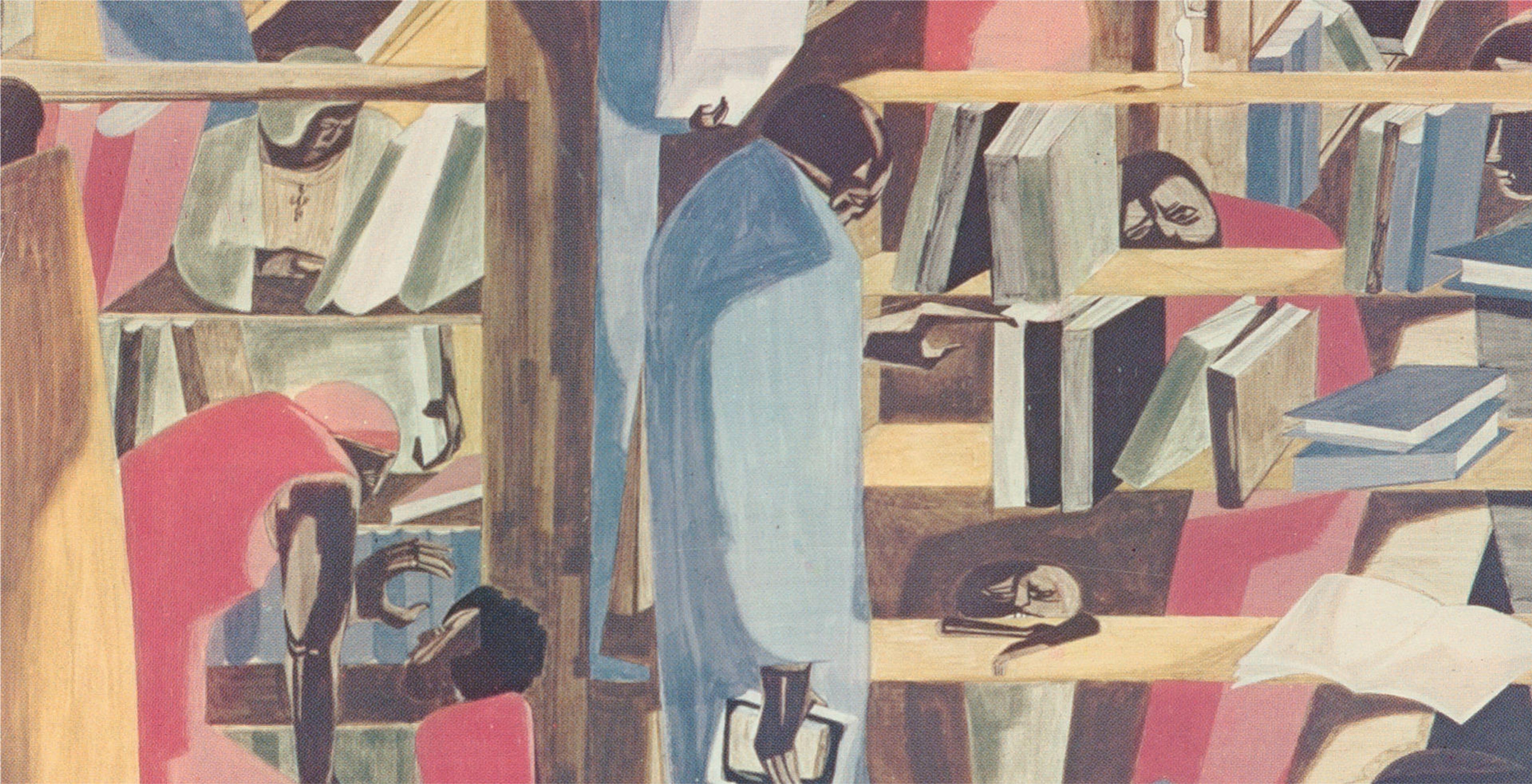 Abstract painting of people reading and studying among bookshelves filled with books, using muted and pastel colors.