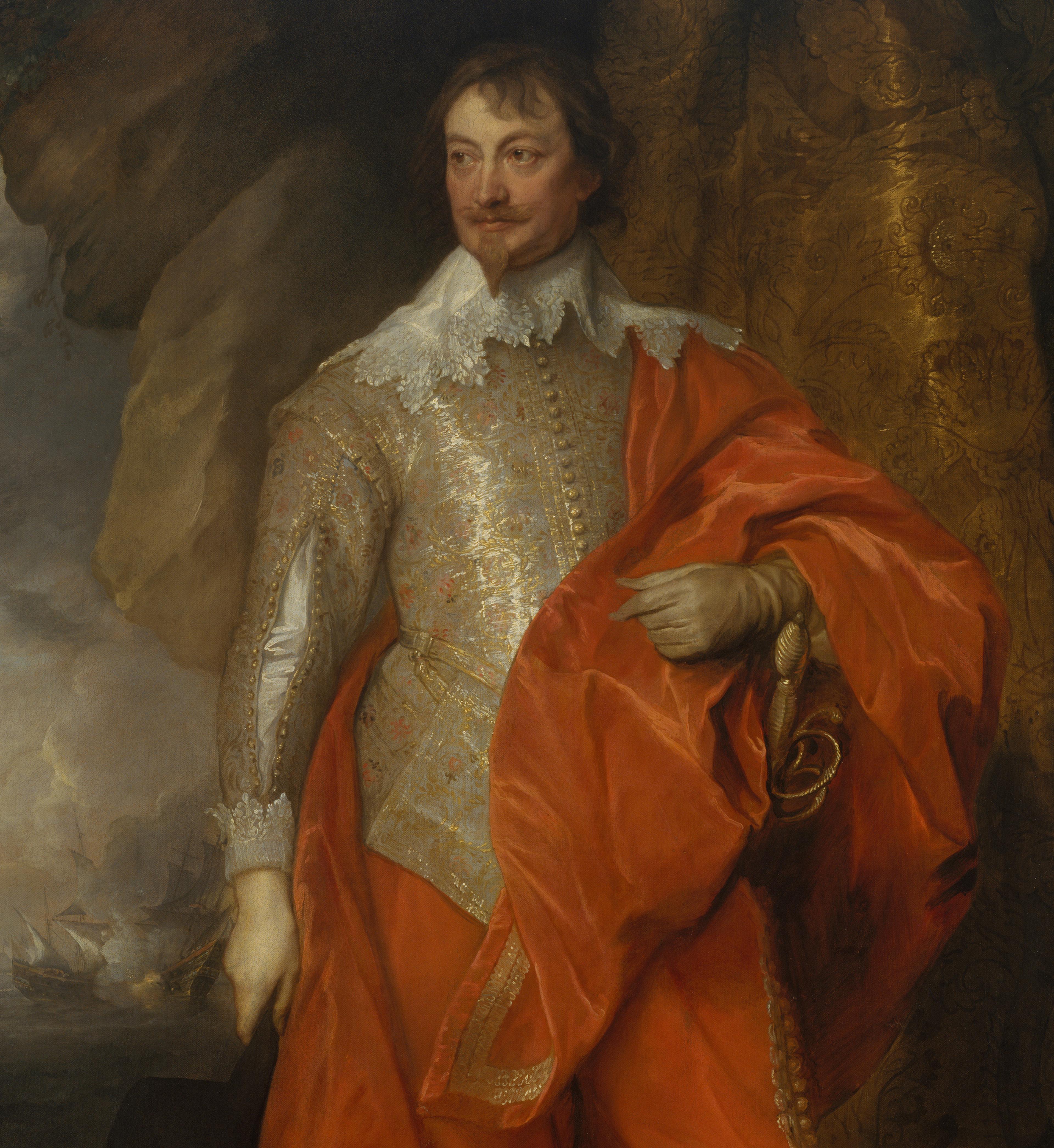 Anthony van Dyck painting of "Robert Rich (1587–1658), Second Earl of Warwick" wearing flamboyant dress in rich golds and reds.