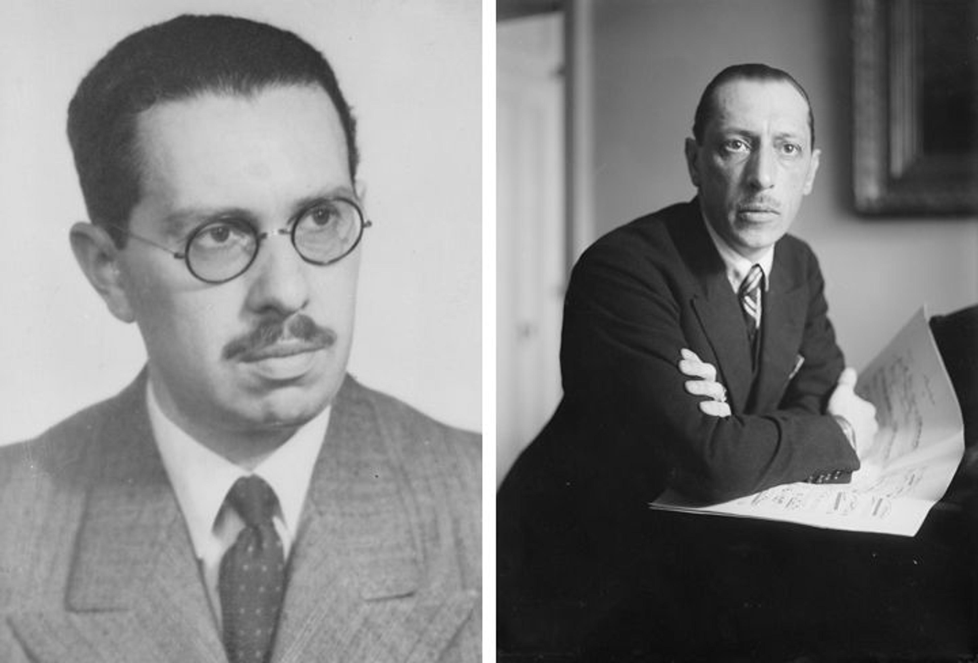 Black-and-white photo portraits of Emanuel Winternitz (left) and Igor Stravinsky (right)