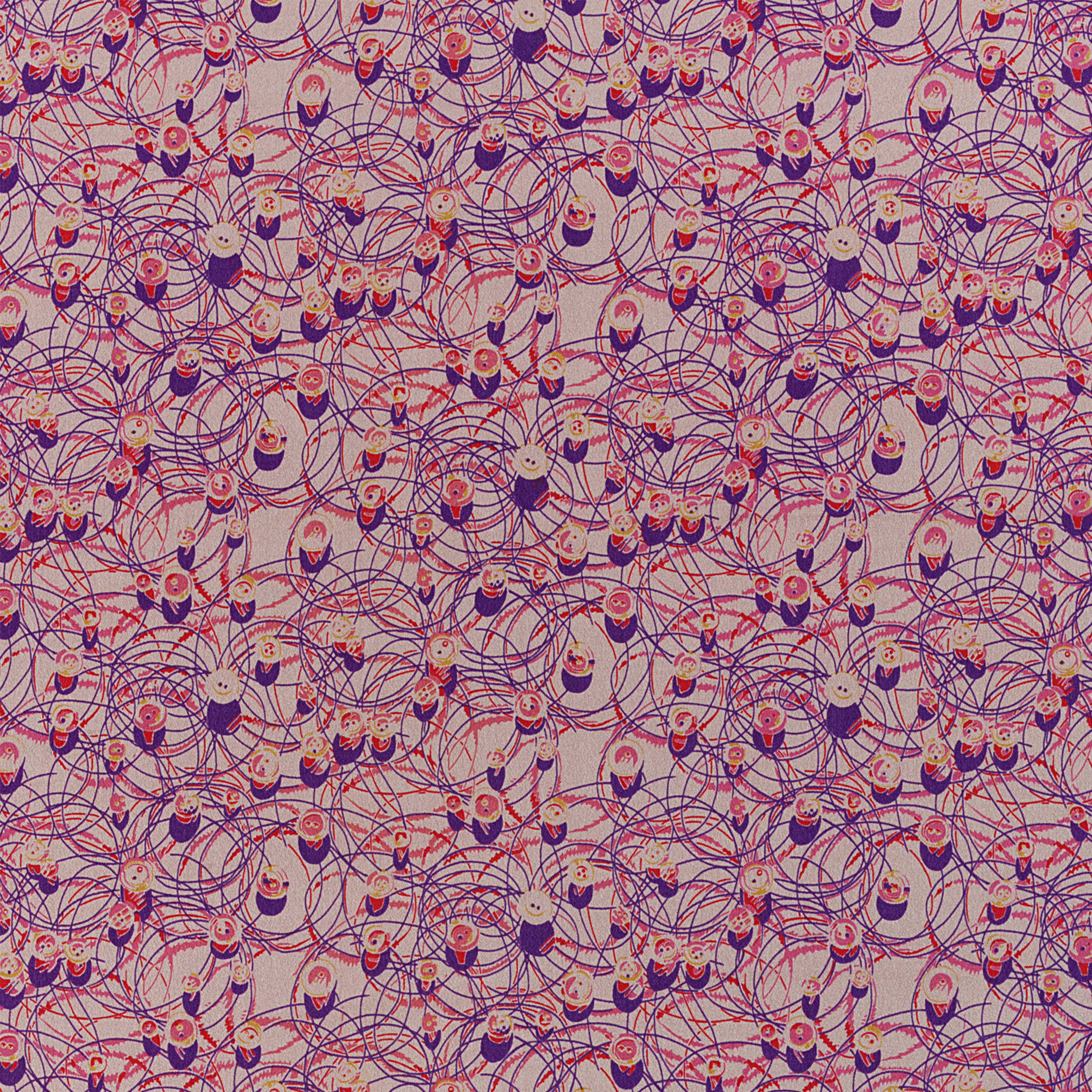 Pink fabric with small to large red and purple thin circle lines.