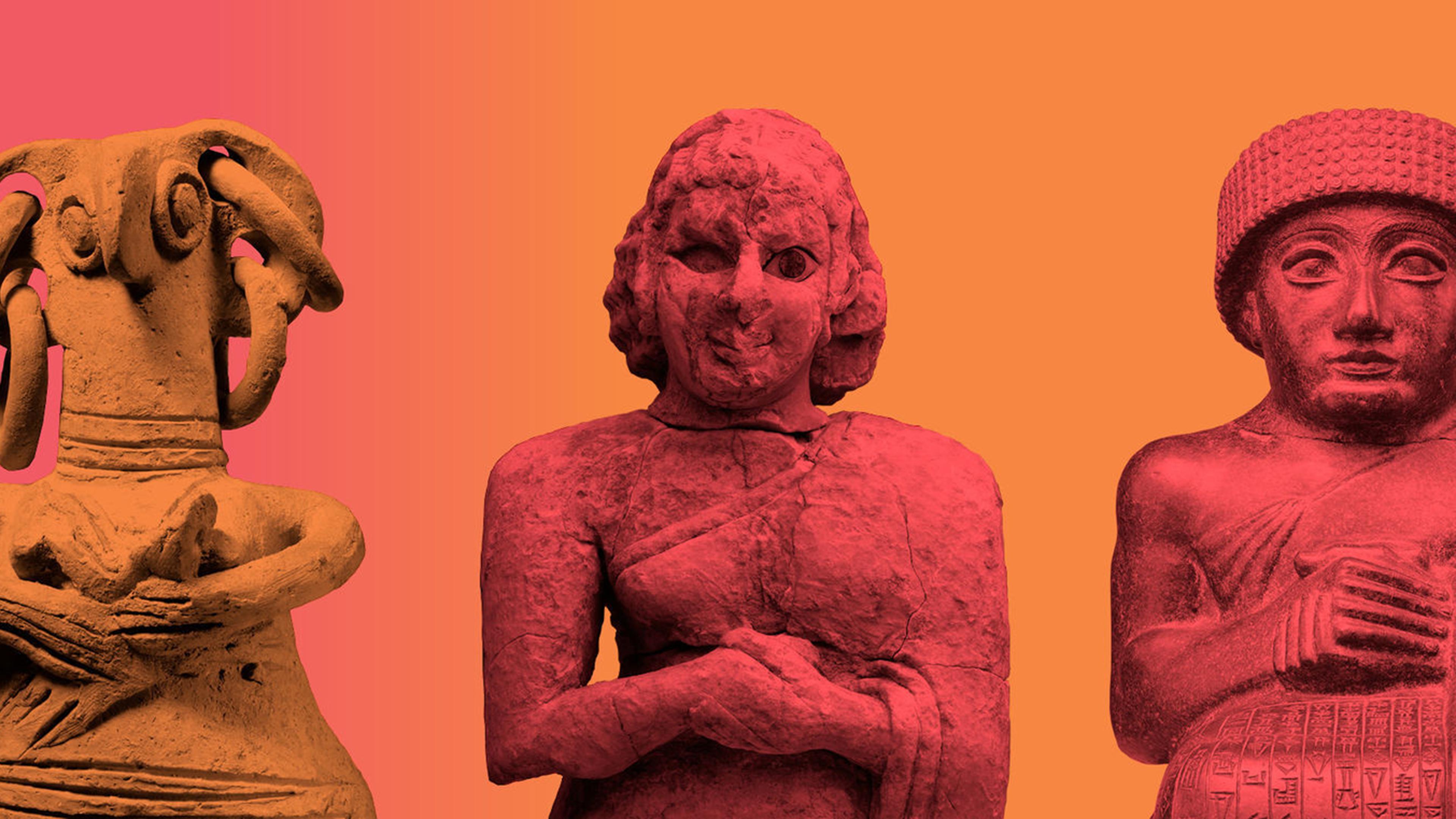 Pink and orange gradient background with stone human and anthropomorphic figures' torsos