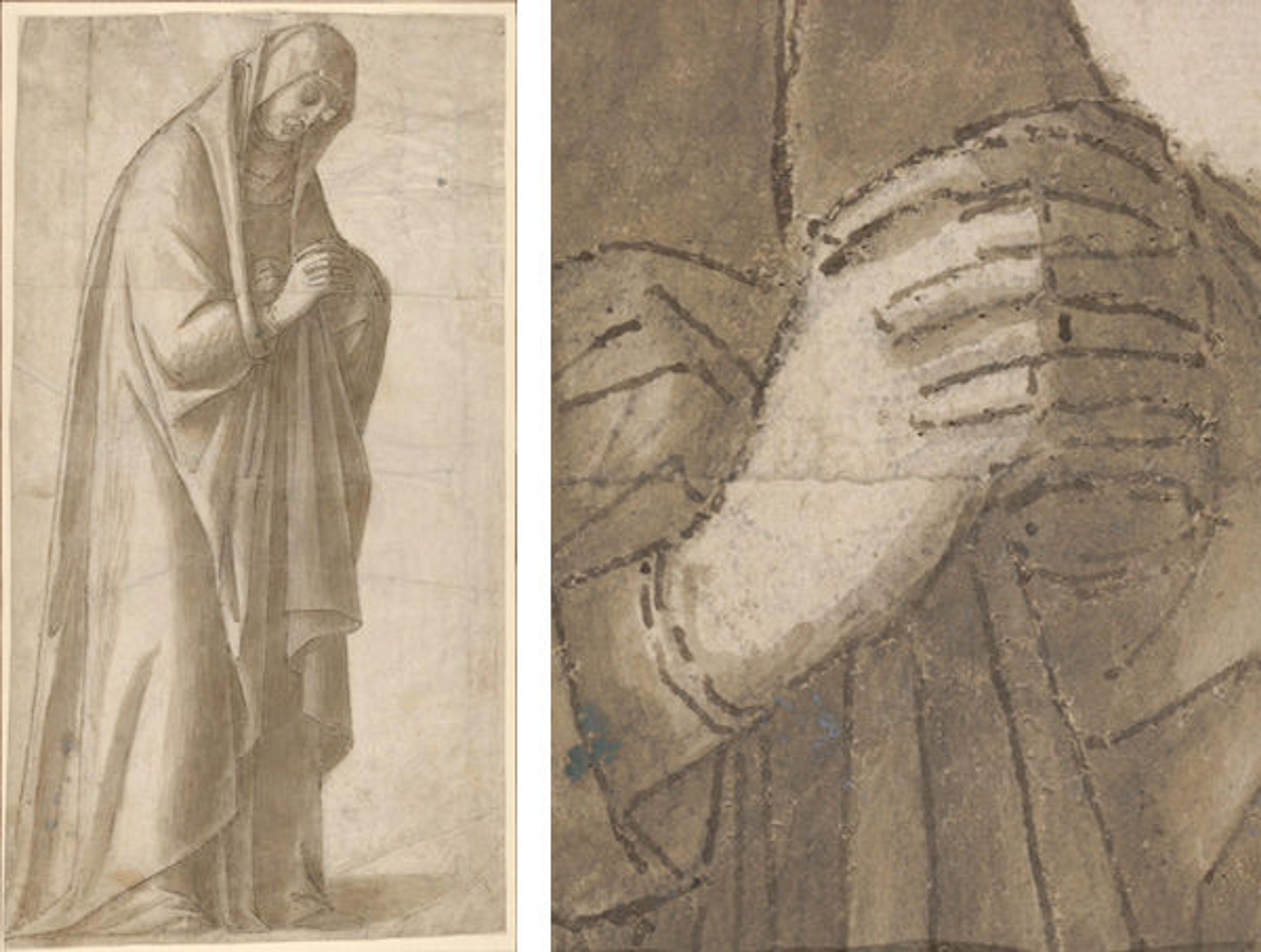 Vittore Carpaccio (Italian, 1460/66?–1525/26). Standing Female Figure (St. Anne; Cartoon for a Painting) (left); detail (right), ca. 1500–5 (2013.641)
