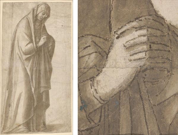 Vittore Carpaccio (Italian, 1460/66?–1525/26). Standing Female Figure (St. Anne; Cartoon for a Painting) (left); detail (right), ca. 1500–5 (2013.641)