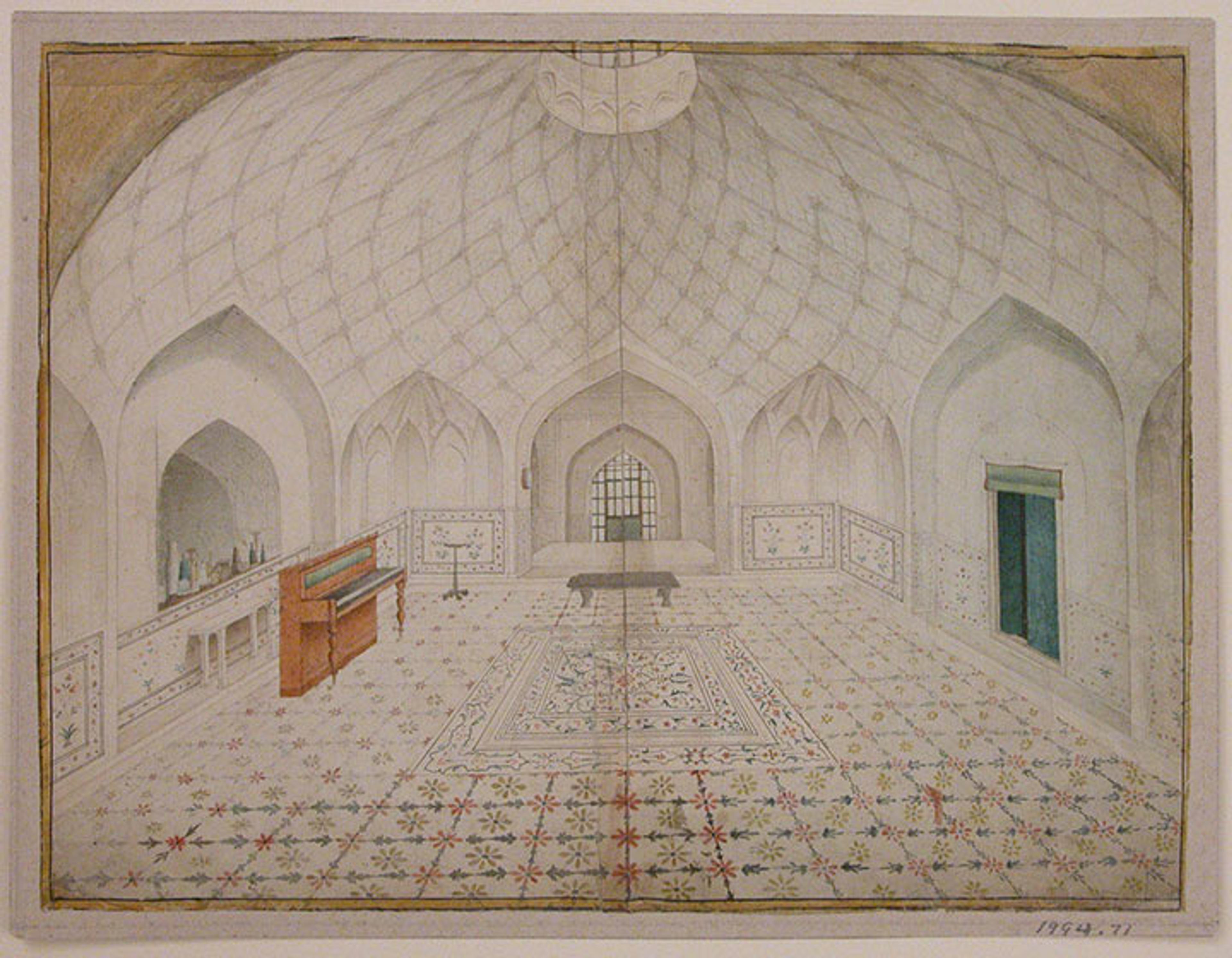 Watercolor of the interior of the bathhouse at the Red Fort, Delhi