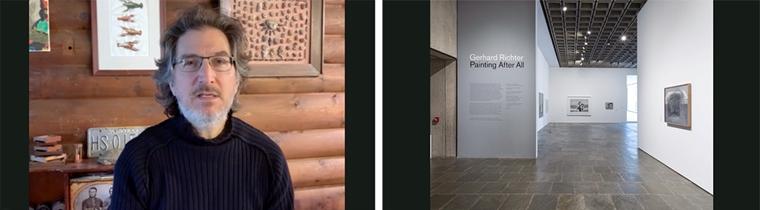 Left: a screen capture of a man with a short-cropped beard and glasses, speaking into camera with a wooden wall behind him. Right: a view of the white-walled, empty exhibition space for Gerhard Richter: Painting After All.