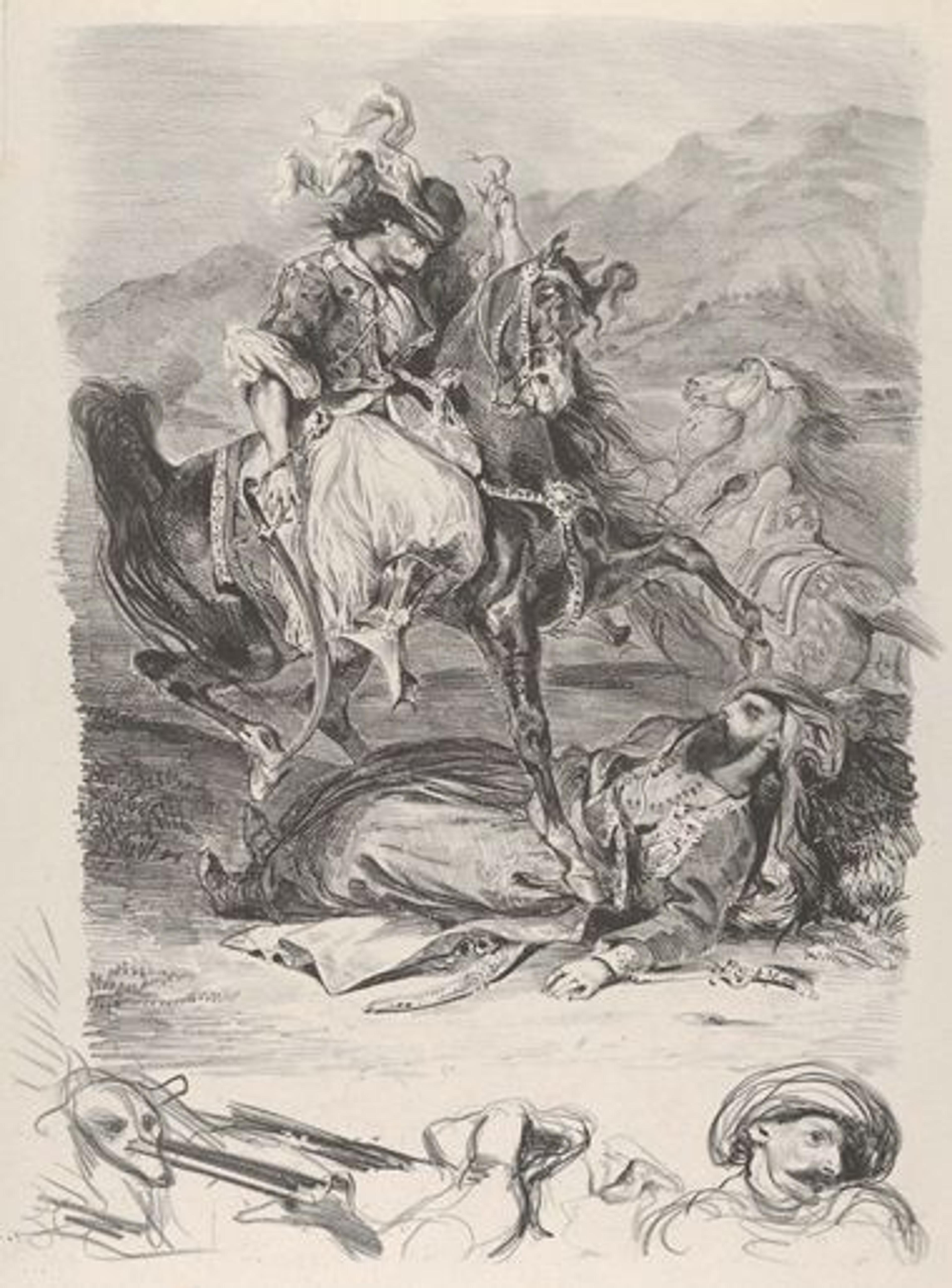 Lithograph by Eugene Delacroix of a Turkish giaour in battle with a pasha