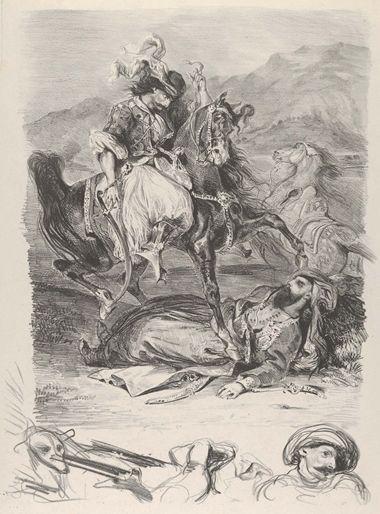 Lithograph by Eugene Delacroix of a Turkish giaour in battle with a pasha