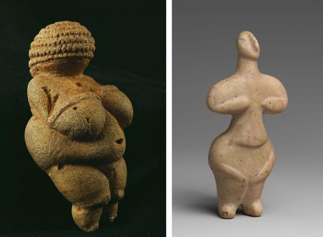 Image of a large famous stone statue of an earth goddess to the right and a small statue of a female Cycladic figure with her hips out.