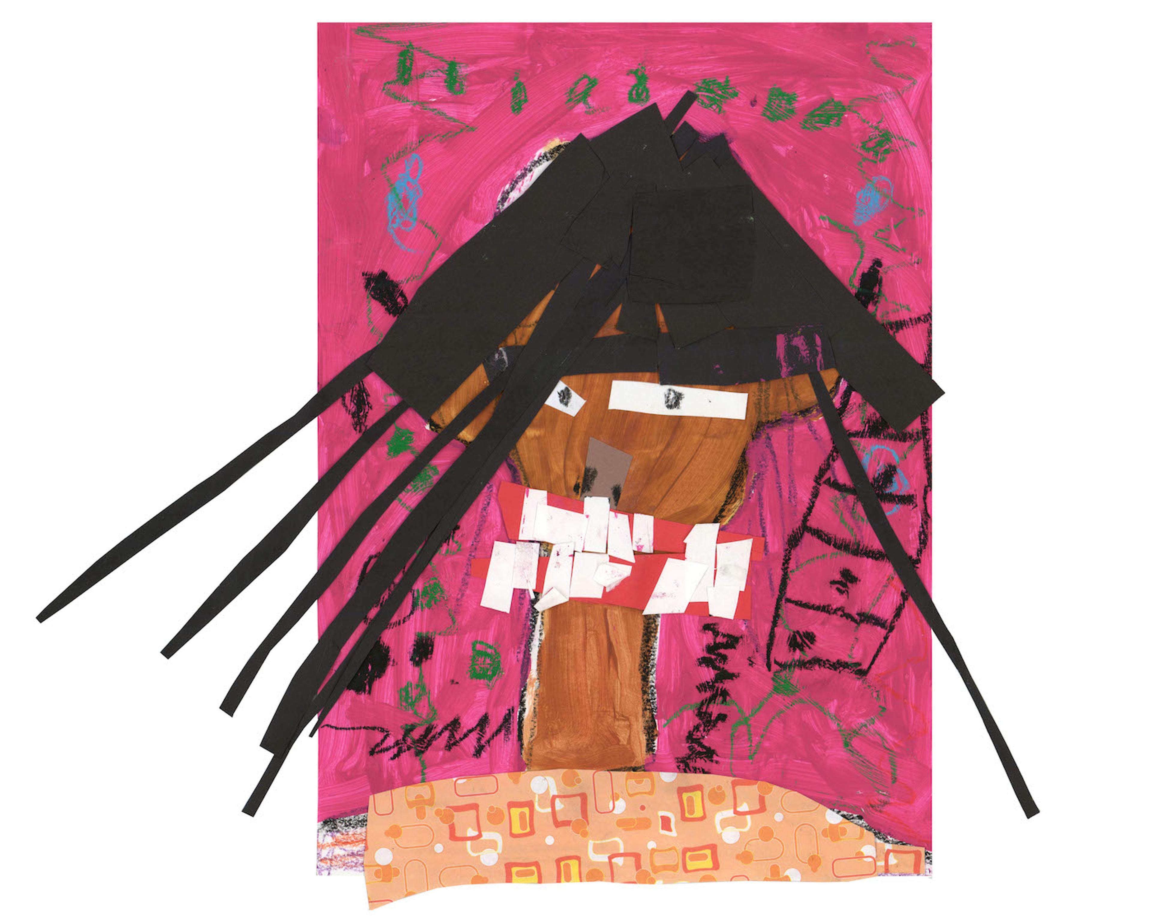 Mixed media self portrait of a young girl. She is depicted with long black hair that extends downward in stalks on either side of her head like an extended paper umbrella. Her skin is brown and her eyes are rectangular. Her mouth is depicted as wide and red with double rows of white rectangular teeth. She wears a peach colored shirt decorated with yellow squares with pale orange frames. The background is magenta, decorated with a horizontal row of green dots above her head and a vertical column of black outlined rectangles to the right.