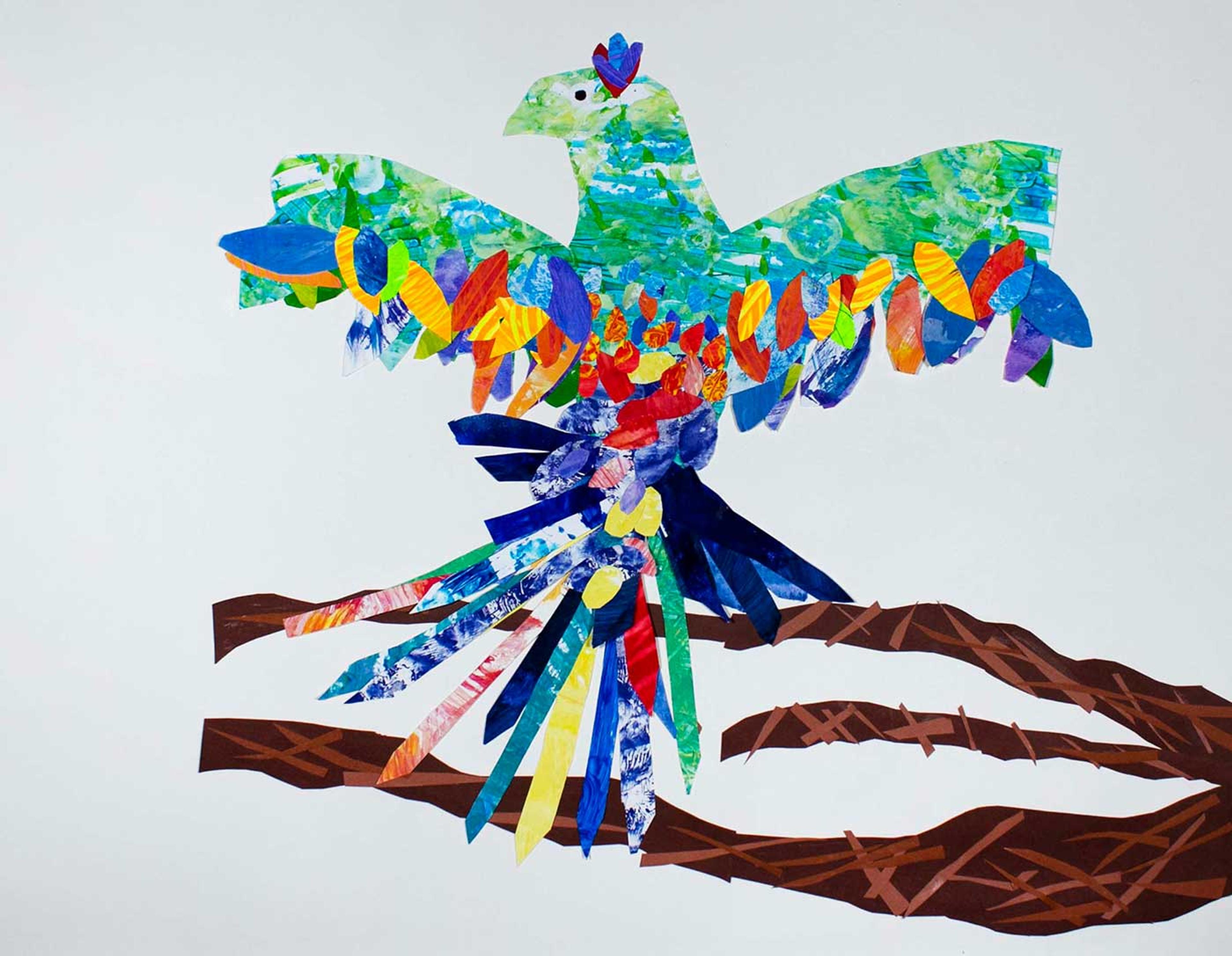 Collage of a colorful bird with its wings spread sitting on a branch.