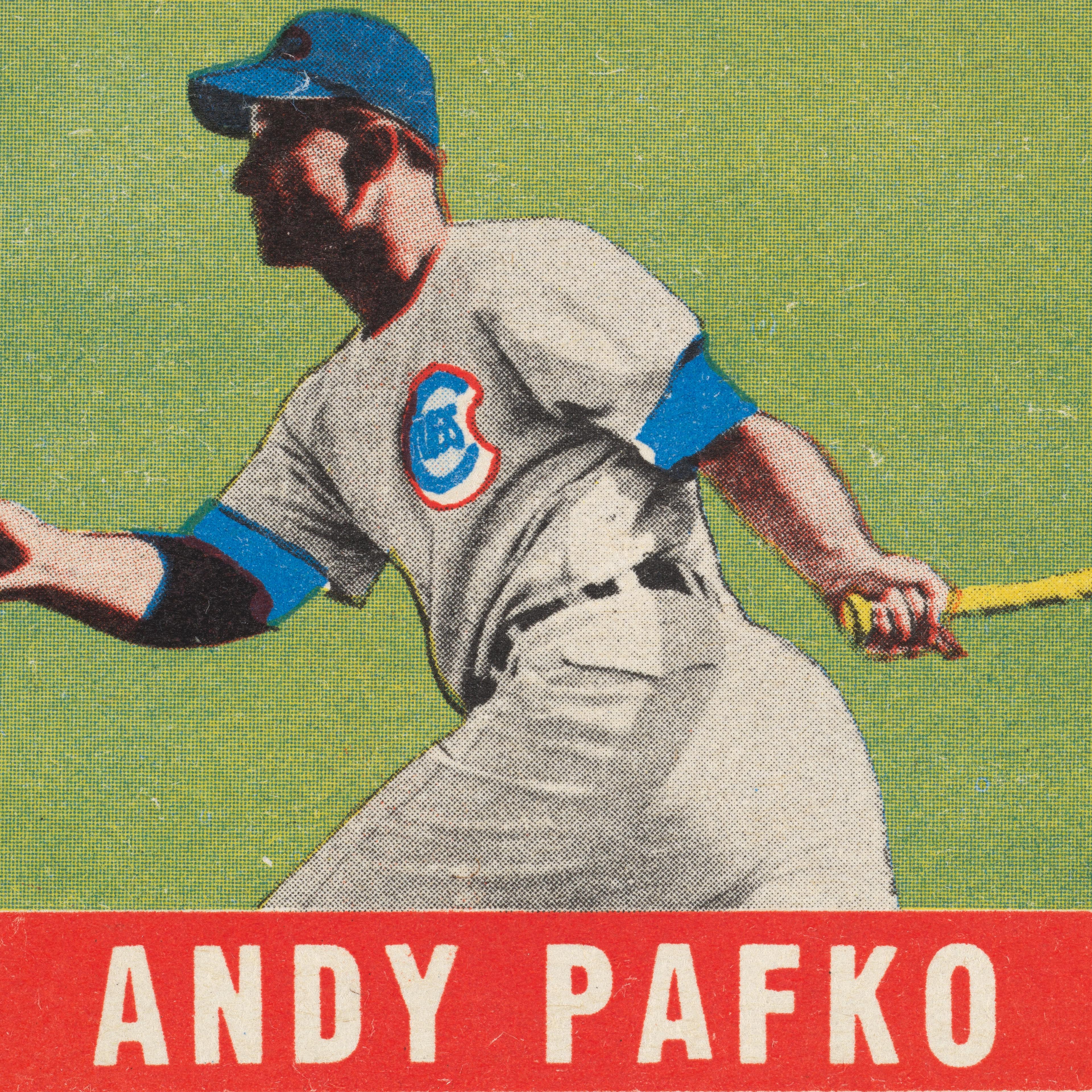 Drawing of American Baseball player wearing a grey and blue Cubs uniform, with a yellow bat in hand.