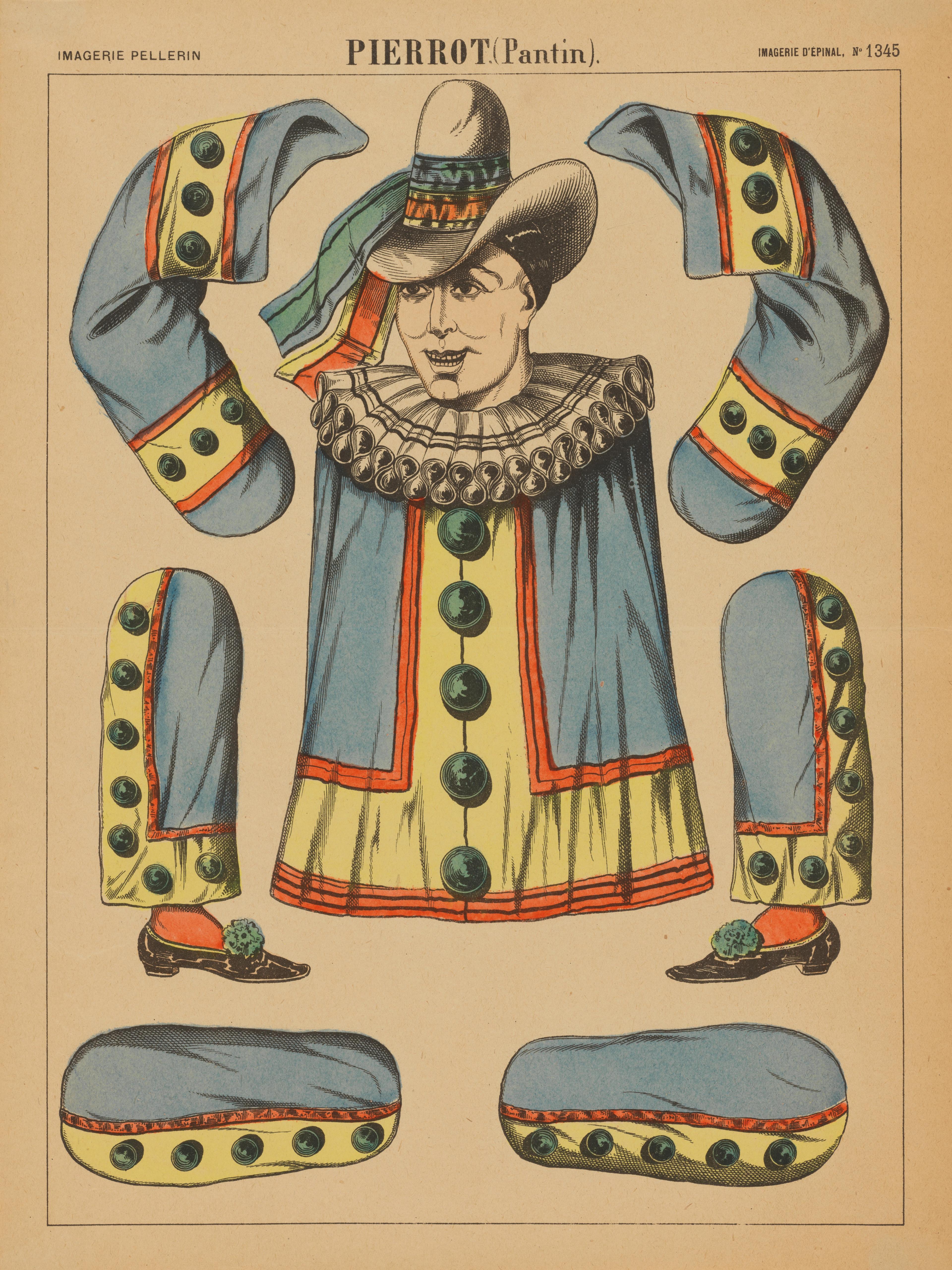 Print of a figure in with separate appendages (arms, thighs, and lower legs) placed around the torso. The body and appendages wear a clownish, blue, yellow, and red costume.