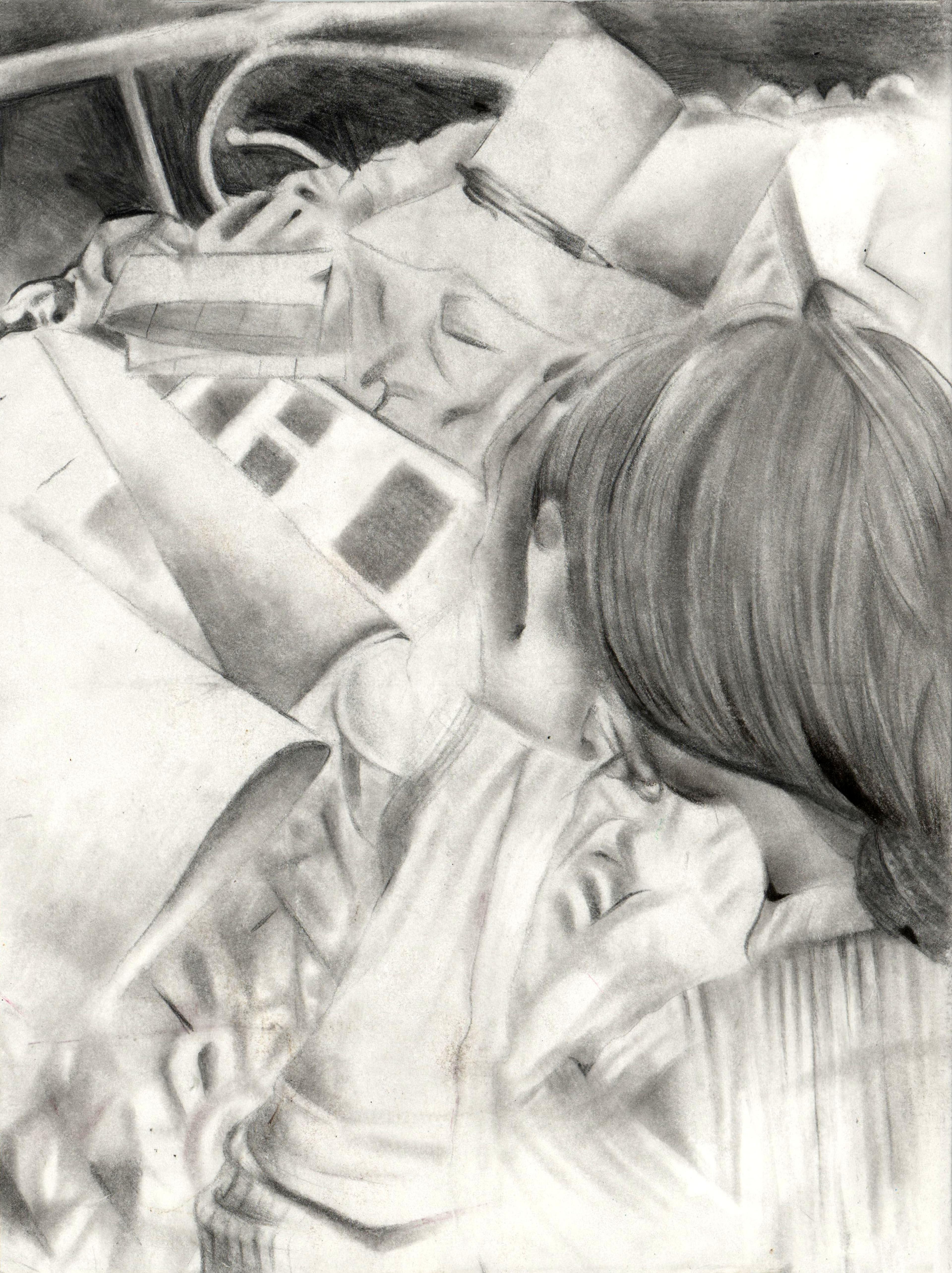 Black-and-white drawing of an adolescent girl made with graphite pencil. The girl is seen from overhead and behind her shoulders. She wears a light colored long sleeved shirt and has long medium dark hair tied in the back. She holds her left hand against the side of her forehead, gazing down at an uneven pile of open books laid out on the desk before her.