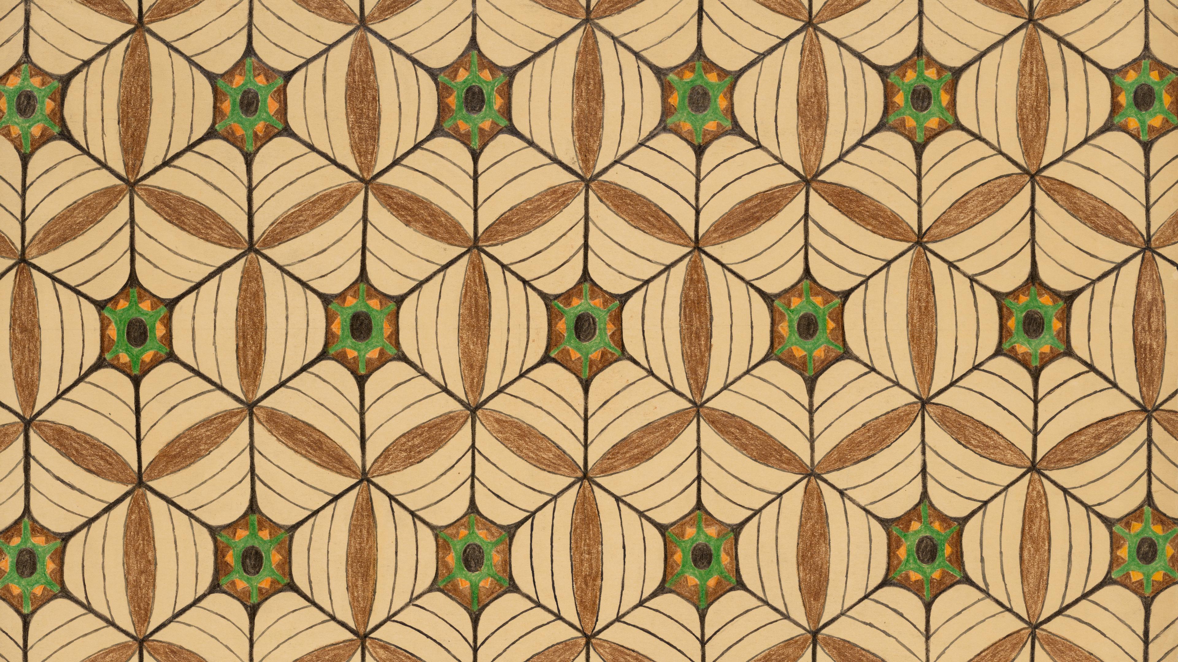 A detailed geometric tile pattern featuring leaf-like shapes in tan and white hues with green and brown accents creating a repetitive, symmetrical design. elements form star and cross shapes at the intersections.
