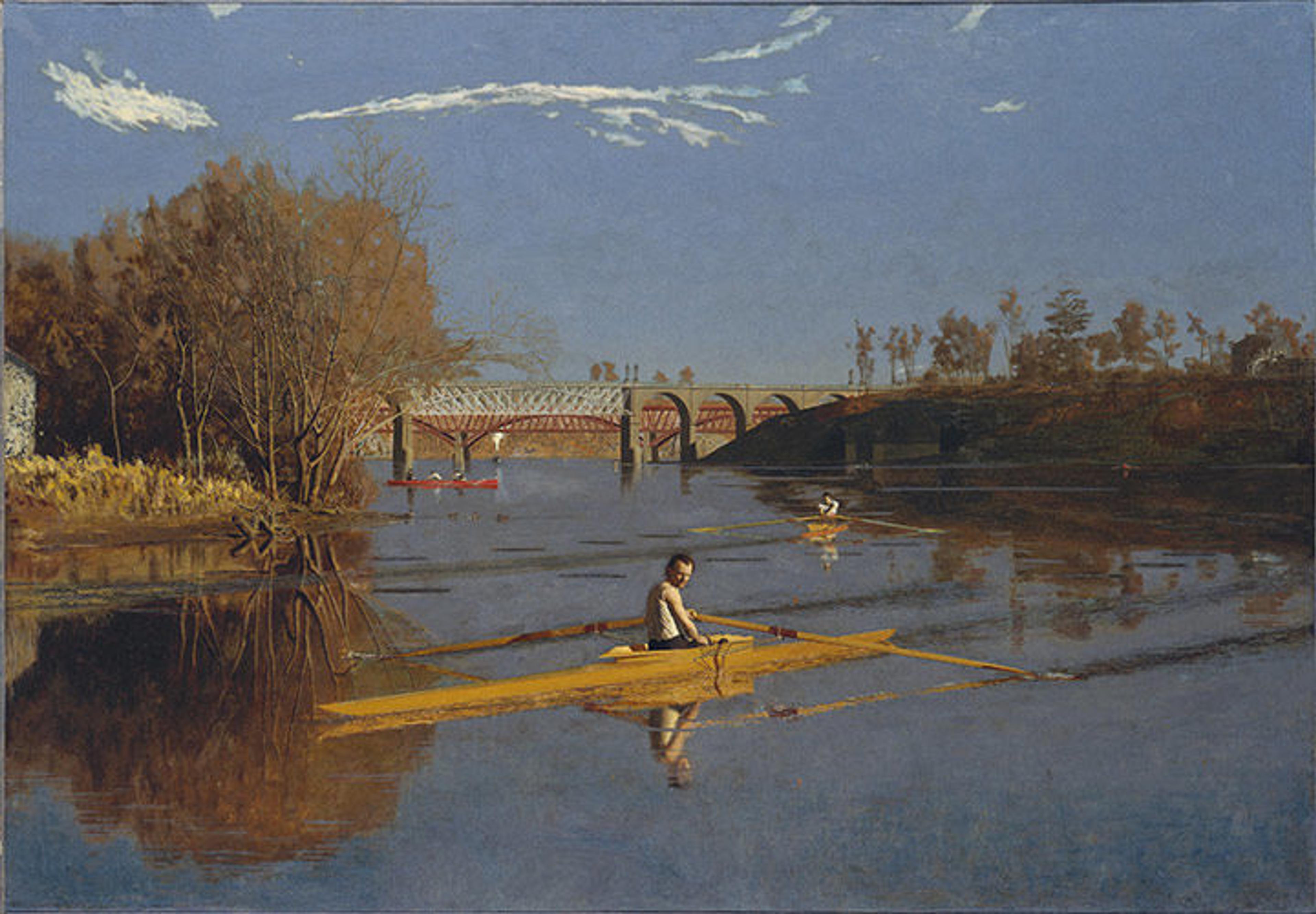Painting by Thomas Eakins of man in a skiff on a blue river