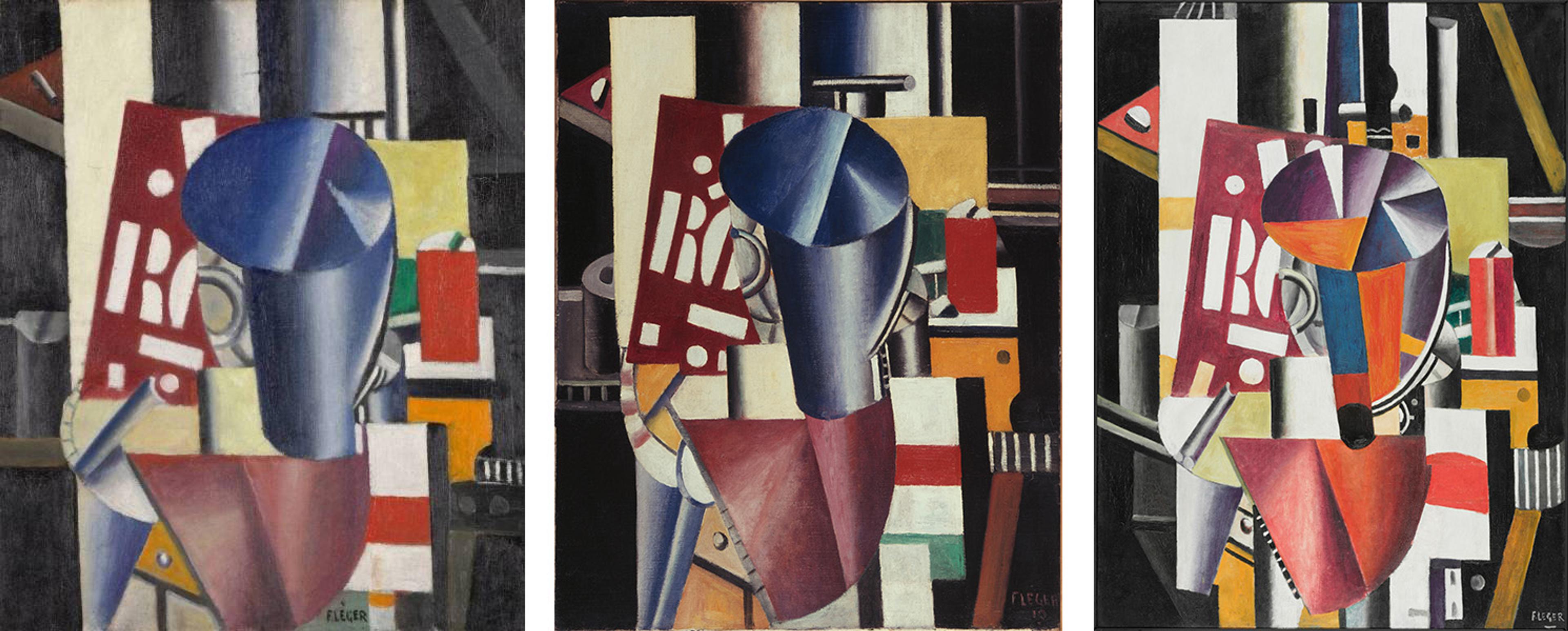 First image is Fernand Léger, The Typographer, 1919, first state, second image is Fernand Léger, The Typographer, 1919, second state, third image is Fernand Léger, The Typographer, 1919, third state
