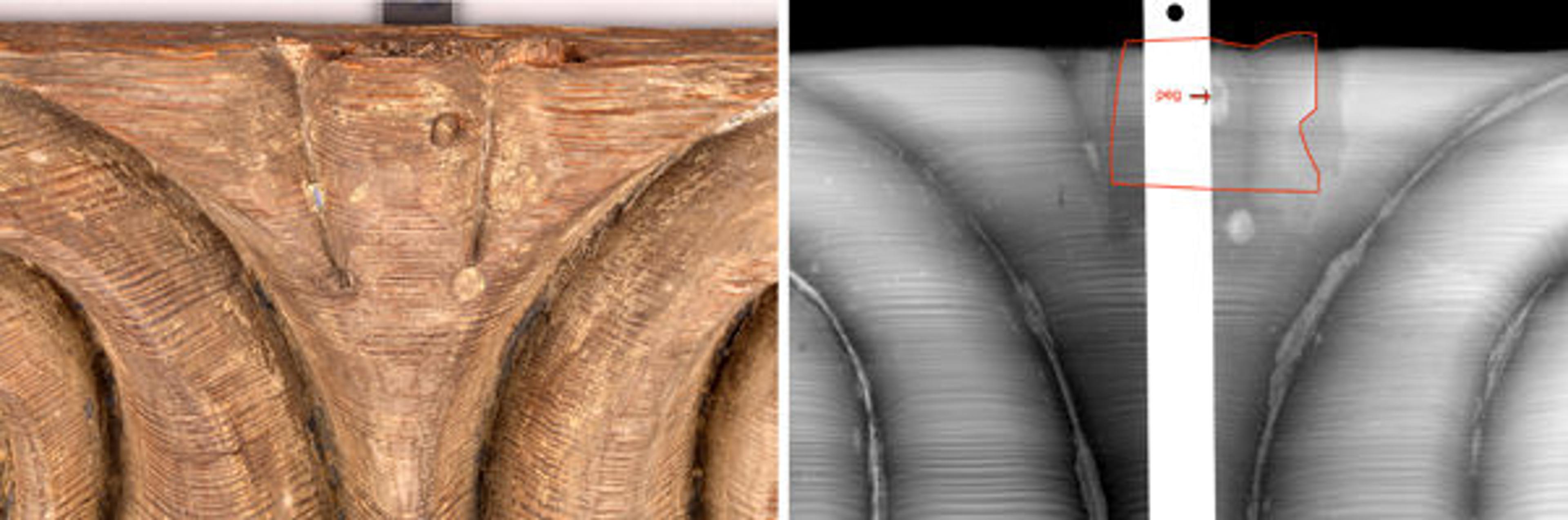 Fig. 4. Left: Upper right-hand mortise-and-tenon joint. Right: Radiograph of the joint, showing a red line that marks the outline of the tenon. The peg is partially obscured by the high radiopacity of the metal mount.