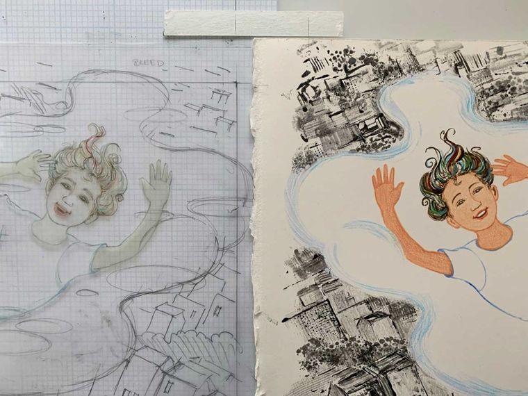 On the left, a pencil sketch of a girl floating through the sky above a cloud with a cityscape pattern on the upper right corner with blue cloud like lines drawn around the image in ink.. To the right is a white sheet of paper with the ink of the cityscape and cloud pattern transferred onto it. The girl's skin and shirt are colored in with colored penicils.