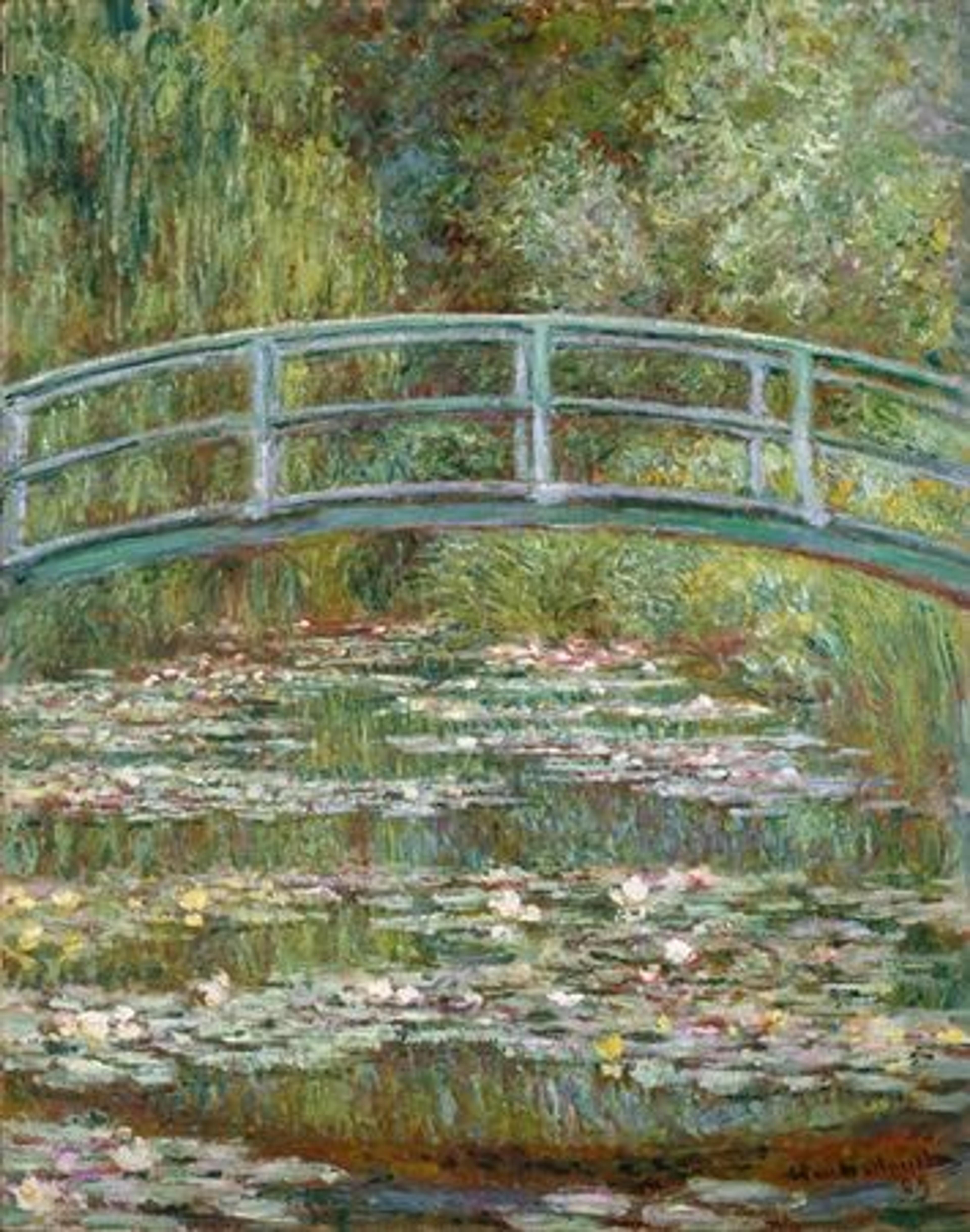 Claude Monet's 'Bridge over a Pond of Water Lilies,' an Impressionist masterwork of verdant greens and floral colors