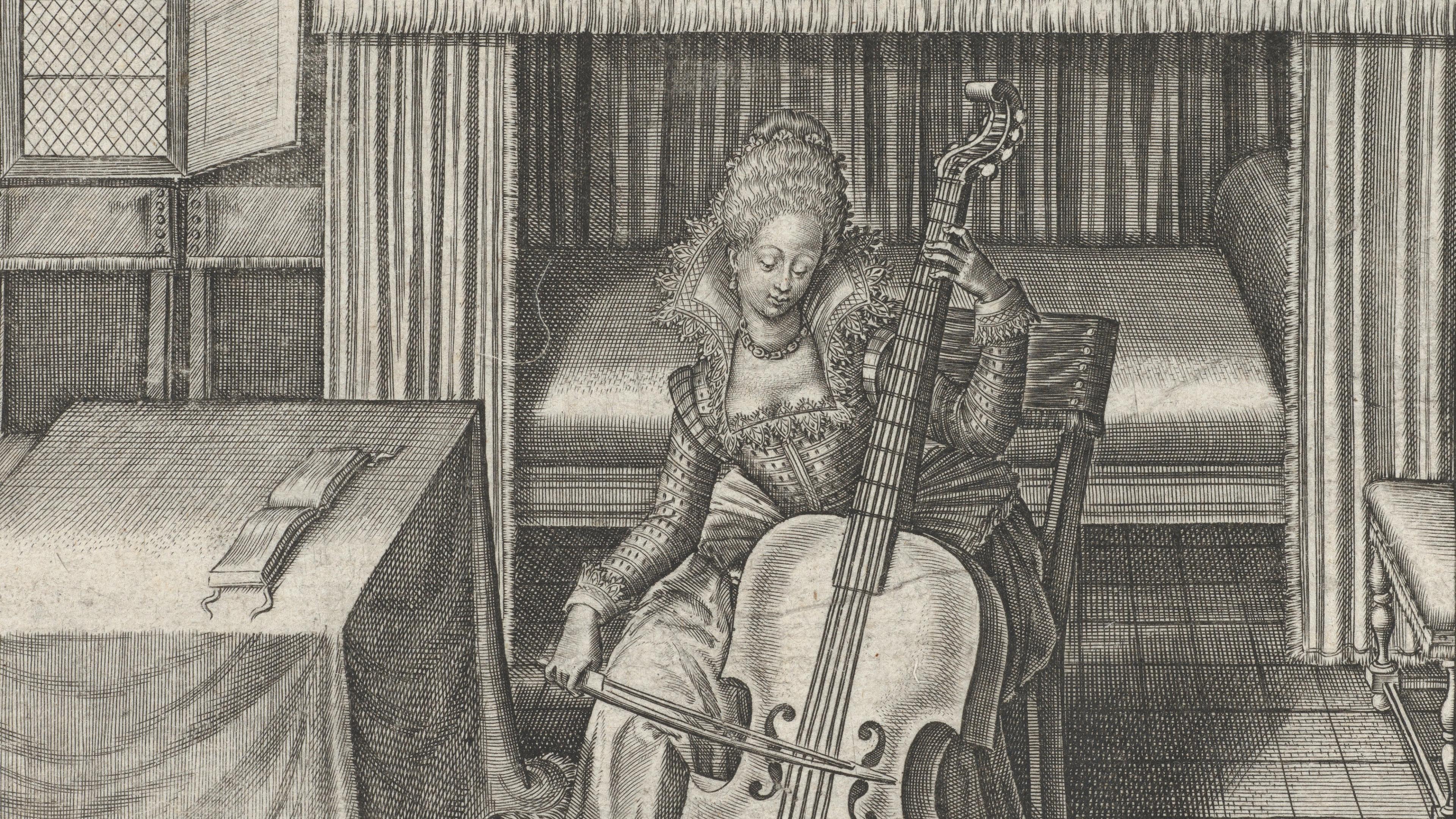 A woman in a detailed dress plays a viola da gamba in a room with a curtained bed and a table. The setting is serene and elegant.