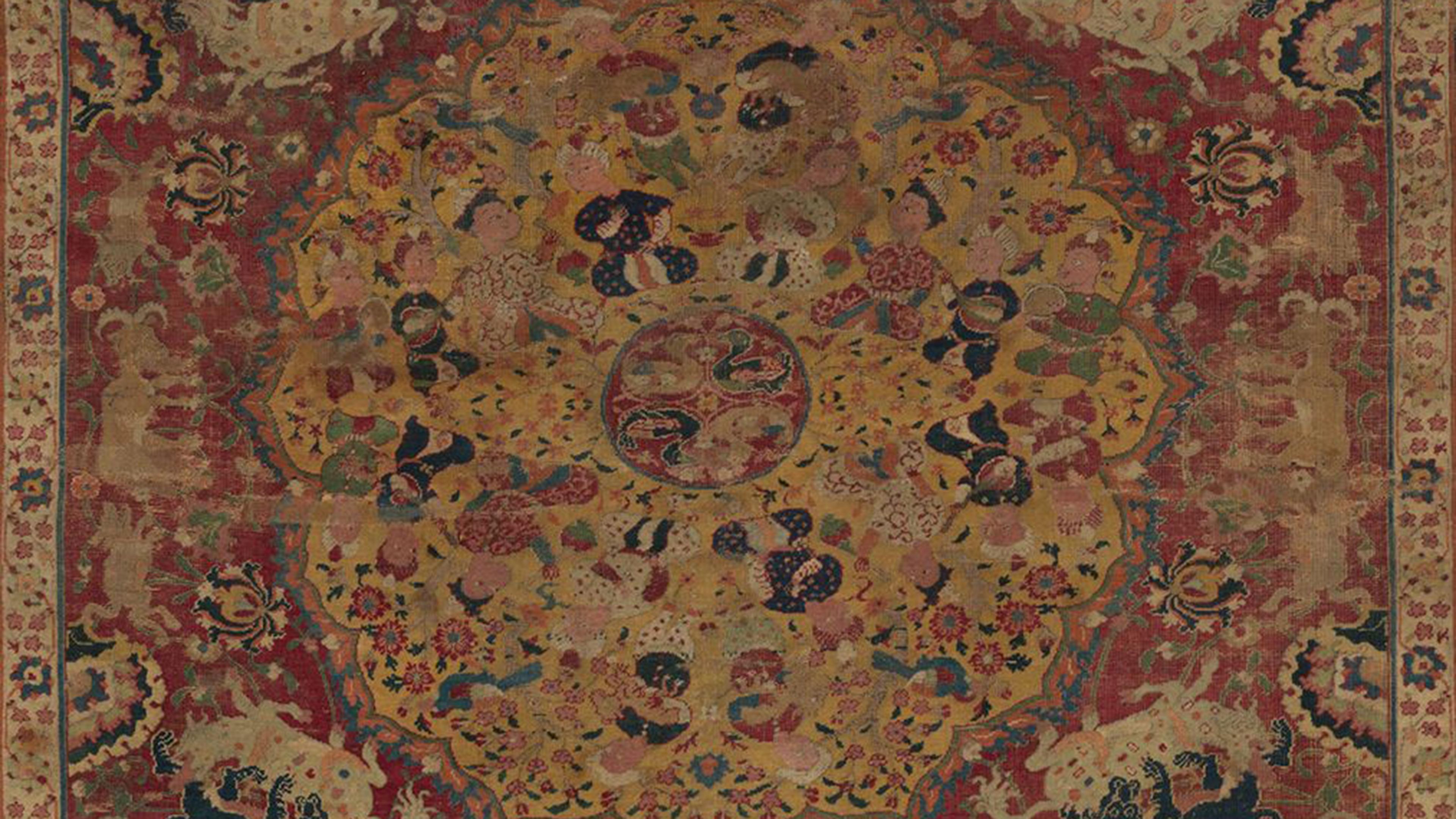Detail view of a patterned carpet made in 16th-century Iran