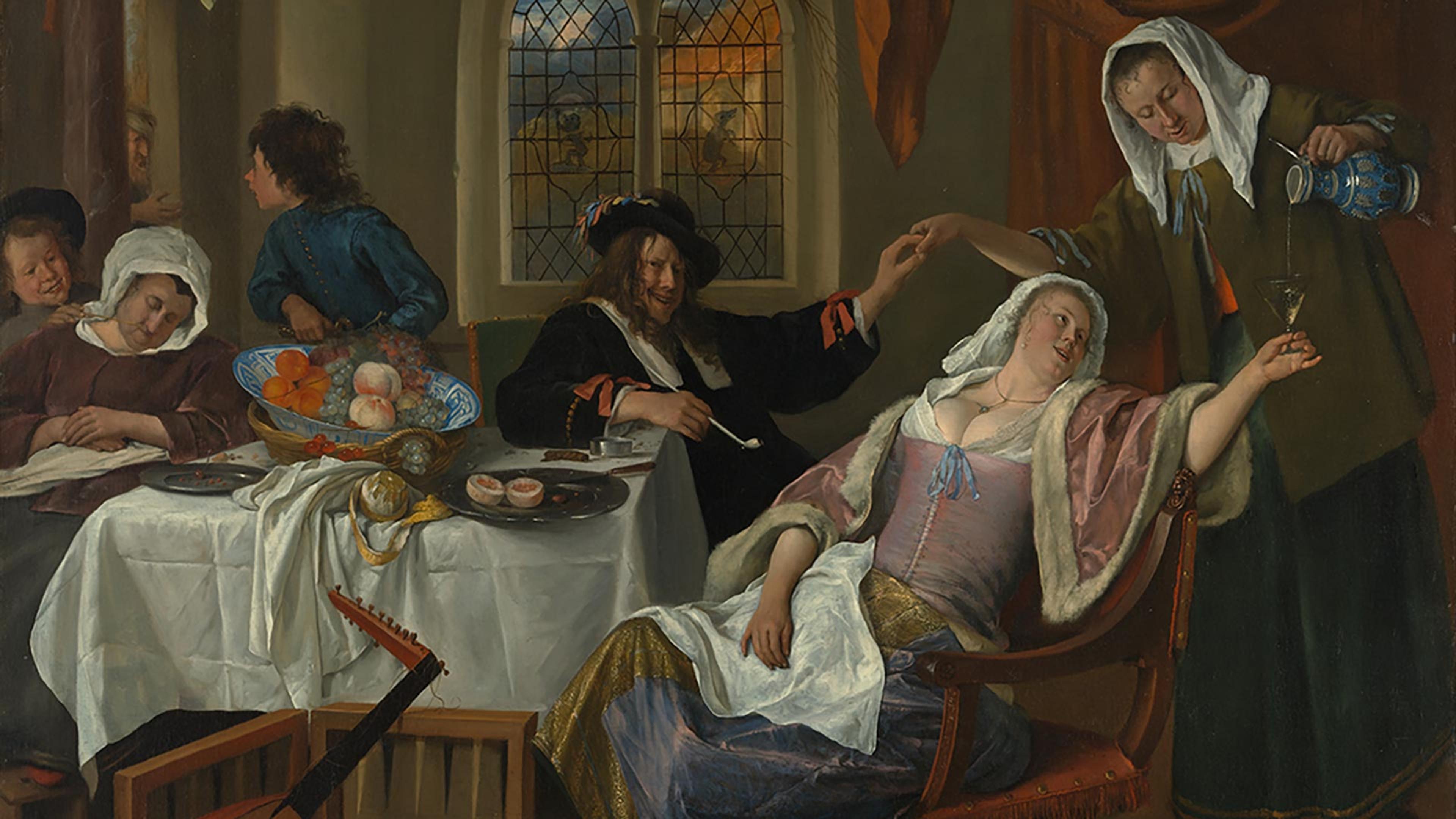 A painting of a rowdy dinner with people drinking and eating a lot