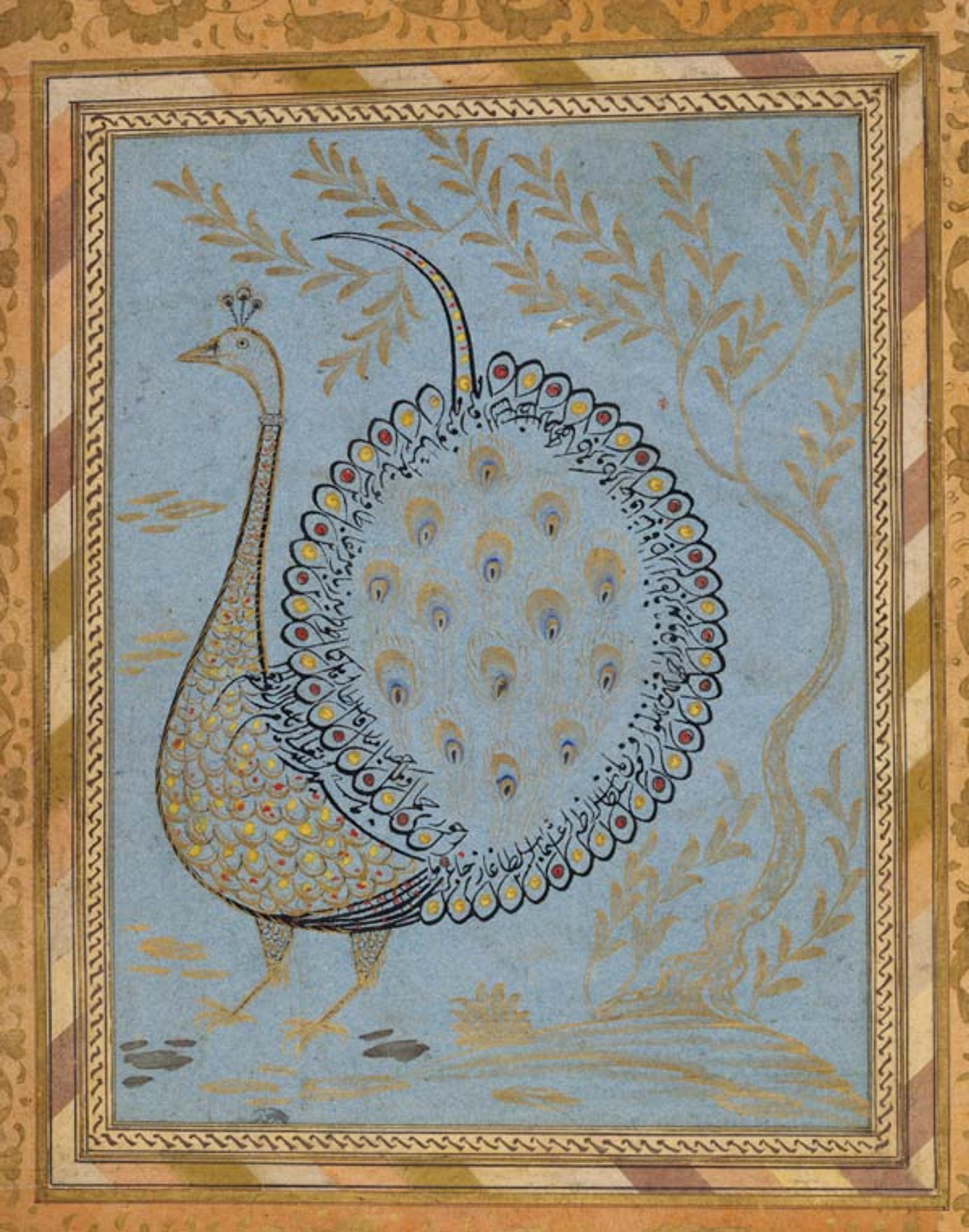 "Calligraphic Composition in Shape of Peacock," folio from the Bellini Album, ca. 1600. Print: Italy or the Netherlands; album: Turkey. Ink, opaque watercolor, and gold on paper; H. 9 9/16 in. (24.3 cm), W. 7 1/16 in. (17.9 cm). The Metropolitan Museum of Art, New York, Louis V. Bell Fund, 1967 (67.266.7.8r)