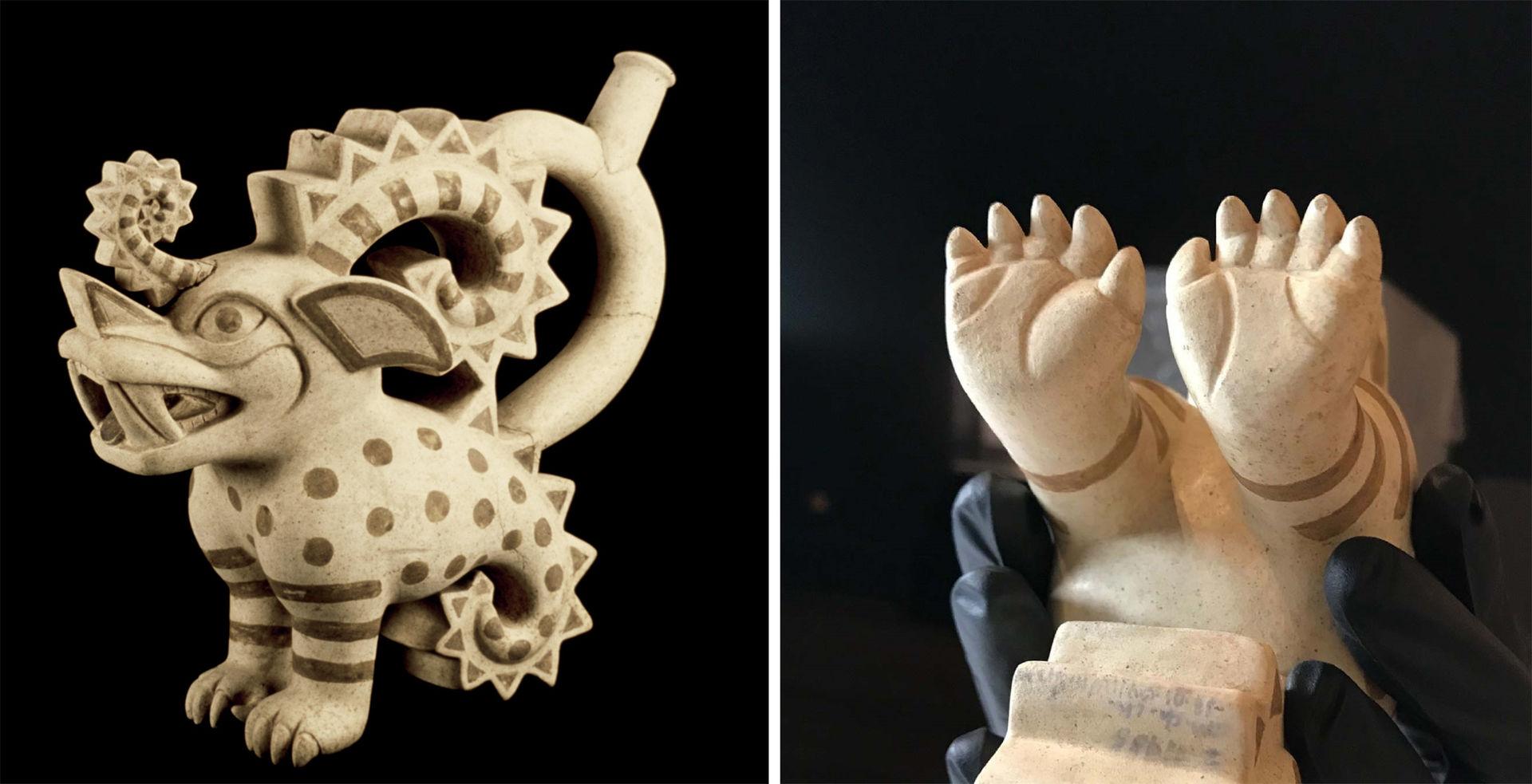 Two views of an ancient American vessel in the shape of a mythological animal