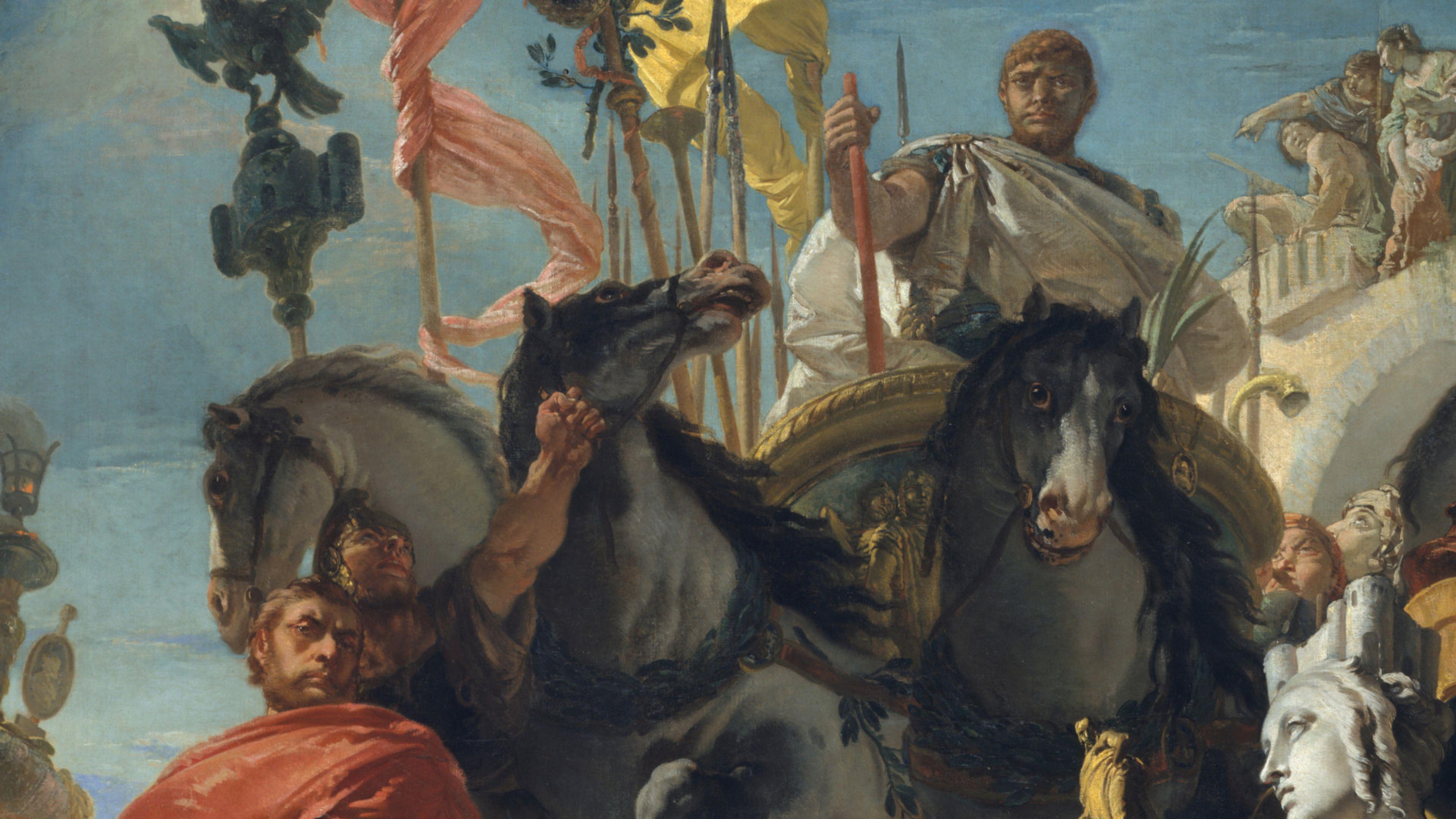 Detail from Tiepolo's The Triumph of Marius. Marius is at the lower left. Behind him, Jugurtha's stoic figure sits atop a horse amidst a parade of colors and faces.