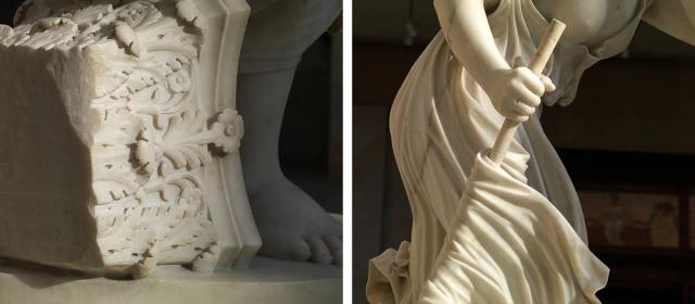 A diptych image divided by white space in the middle: On the left is a close-up shot of a marble top of a white marble Corinthian column with floral decorations next to Nydia's right foot. The lighting brightly illuminates the design of the column. On the left is a close-up shot of Nydia's right hand holding a bamboo staff with her drapery flowing around the staff in dramatic lighting, exposing the top of her upper torso.