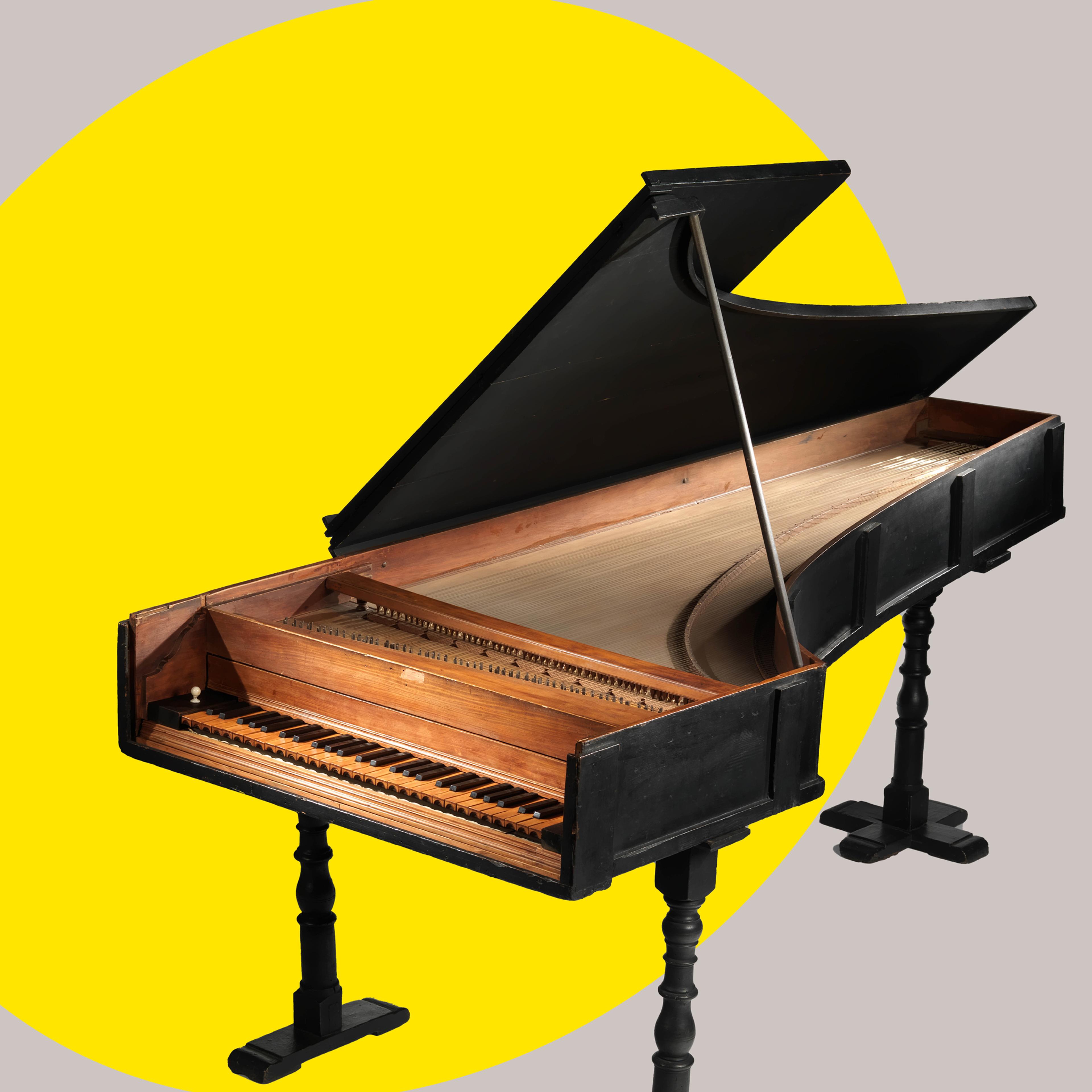 Eighteenth-century piano with a bright yellow ovular shape highlighting the instrument from the background