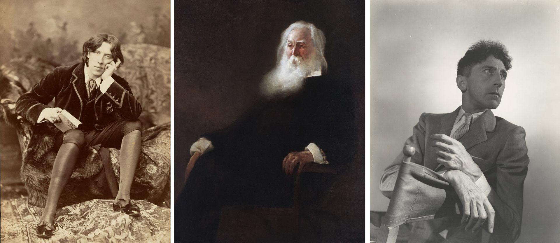 Portraits of three queer writers: Oscar Wilde, Walt Whitman, and Jean Cocteau