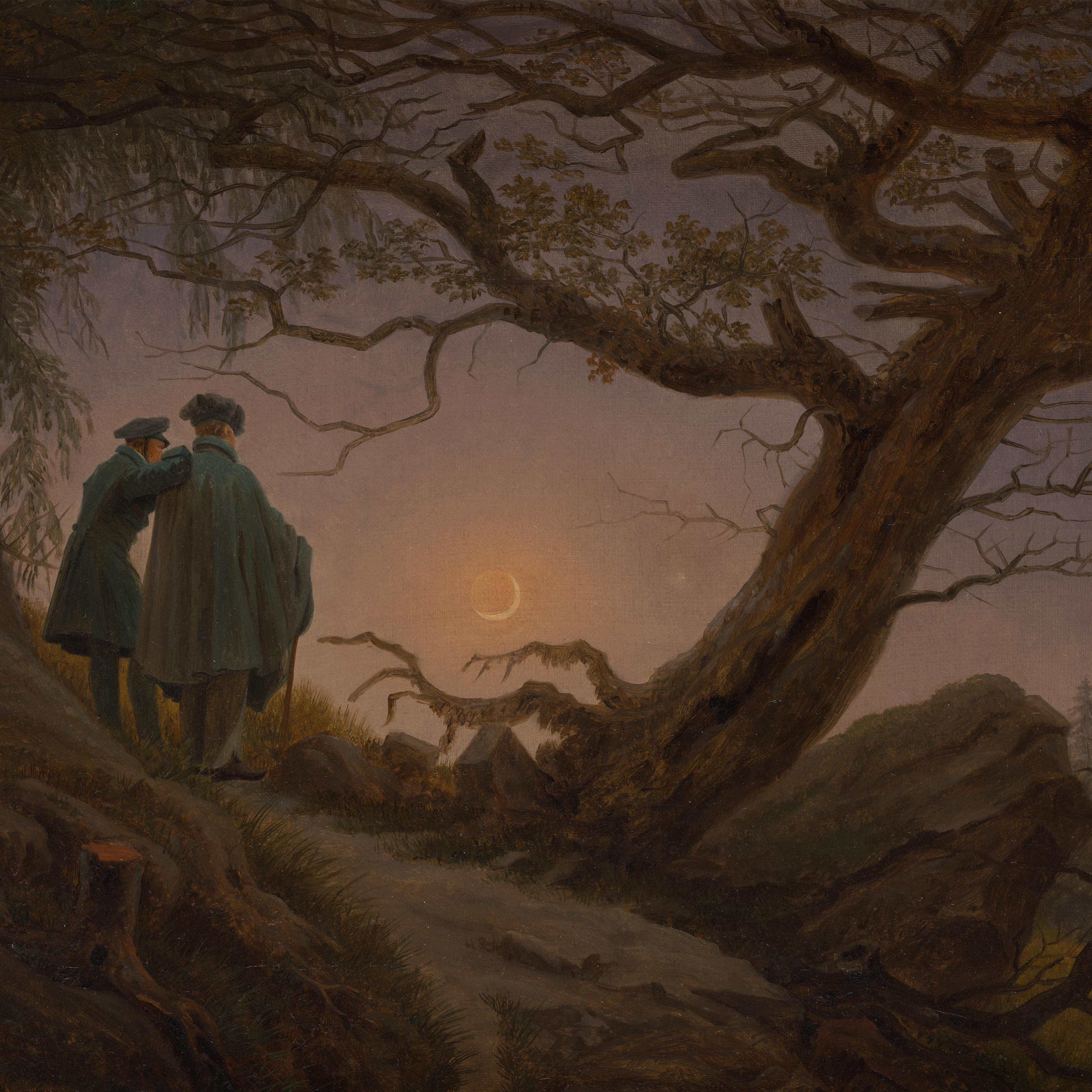 Two men in coats stand beside a large tree, gazing at a crescent moon in a dusky sky.