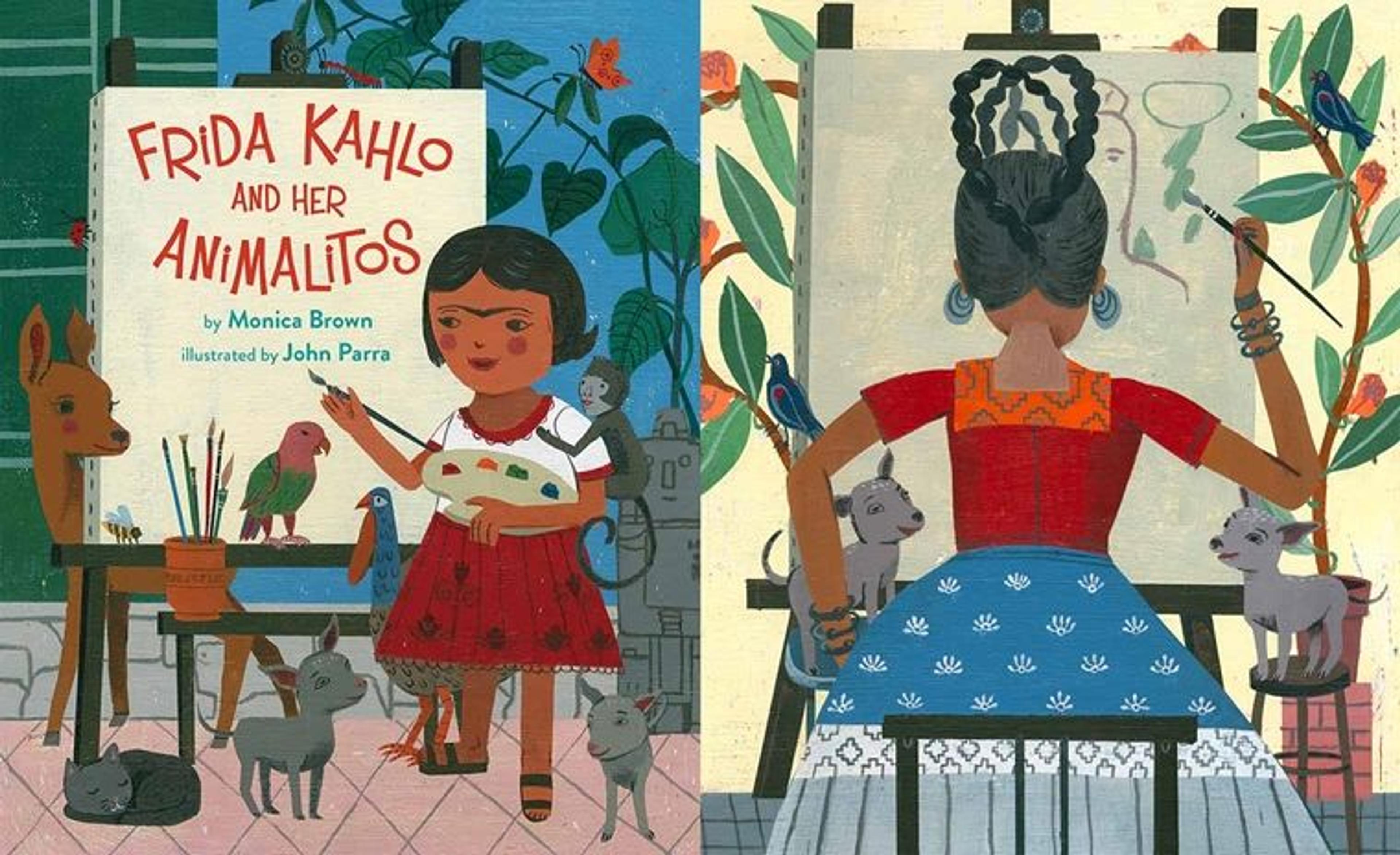 Left: the book cover for Frida Kahlo and her Animalitos. A young Frida Kahlo stands at an easel which displays the title and author and illustrator credits of the book. She holds a paint pallette and is surrounded by plants and animals including parrots, deer, and dogs. Right: An illustration of Frida Kahlo seated in front of an empty canvas with her back turned to the viewer She holds a paintbrush to the canvas. Two small animals are at either side and an orange plant grows from a planter to the right of the canvas.