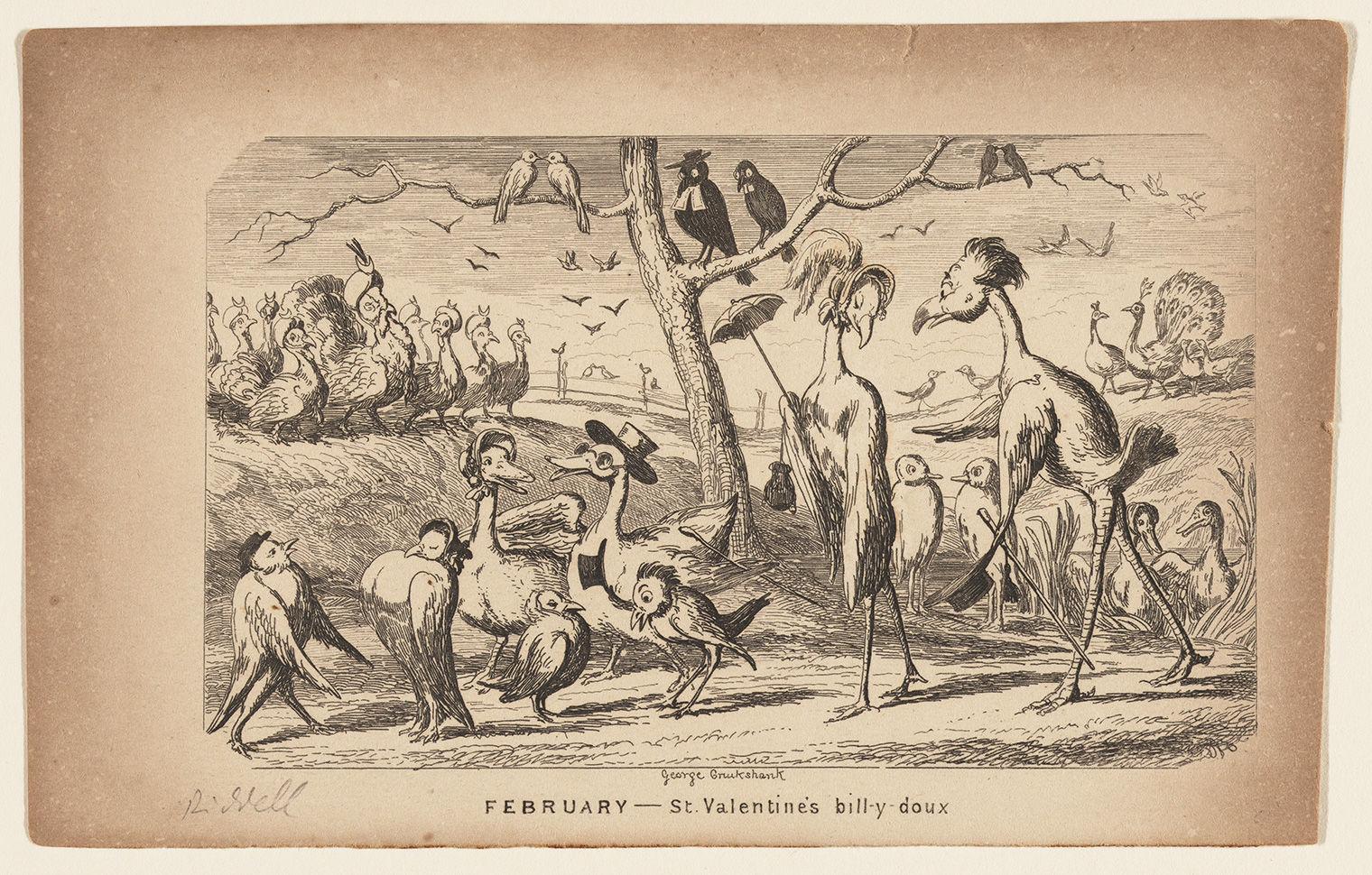 Black and white print showing amorous pairs of birds in a park-like setting. The birds carry human accessories, like a parasol and bonnet.