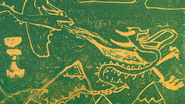Abstract image of a dragon breathing fire in yellow against a textured green background.