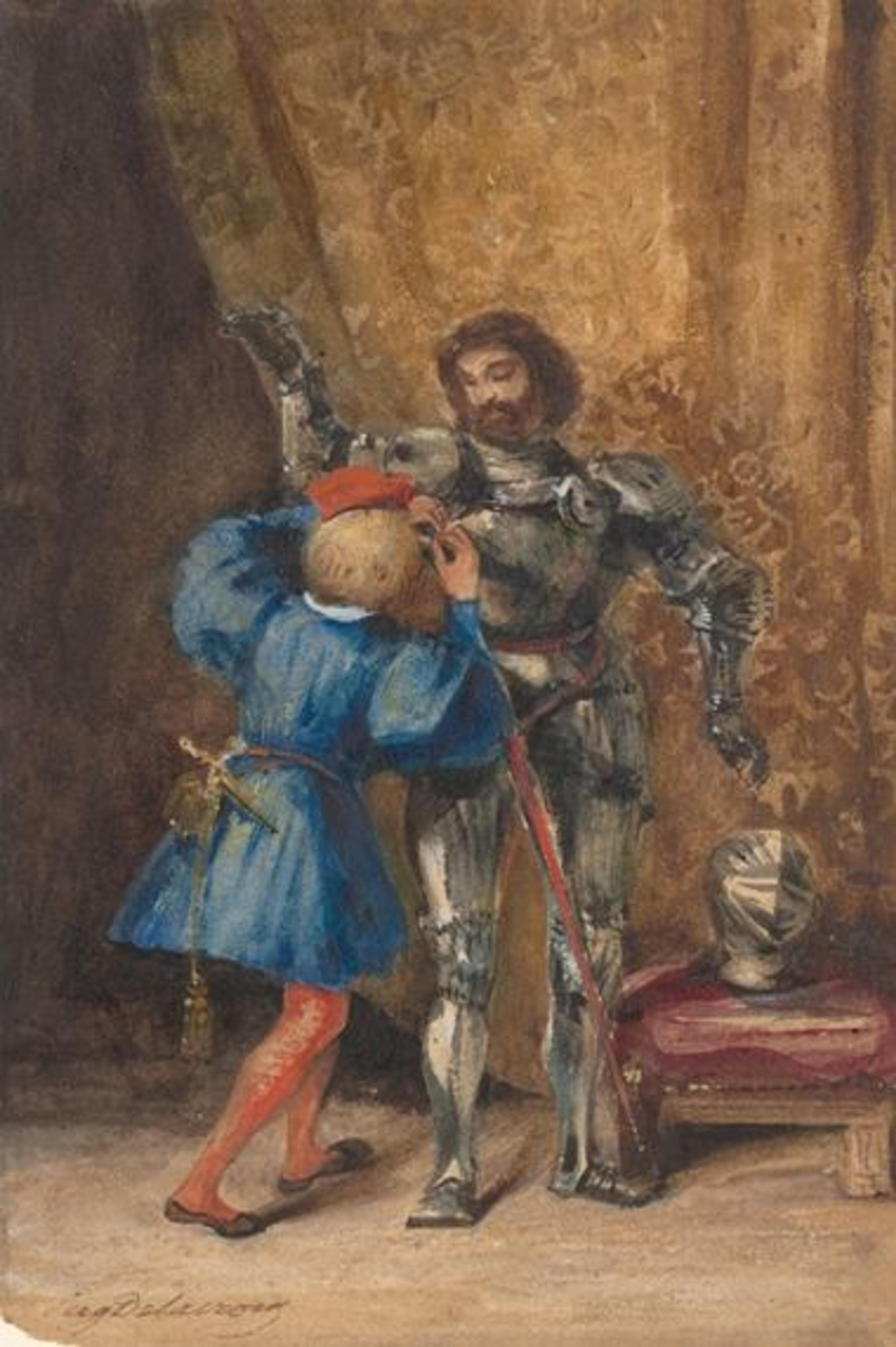 Delacroix watercolor of a nobleman being dressed in armor by his page