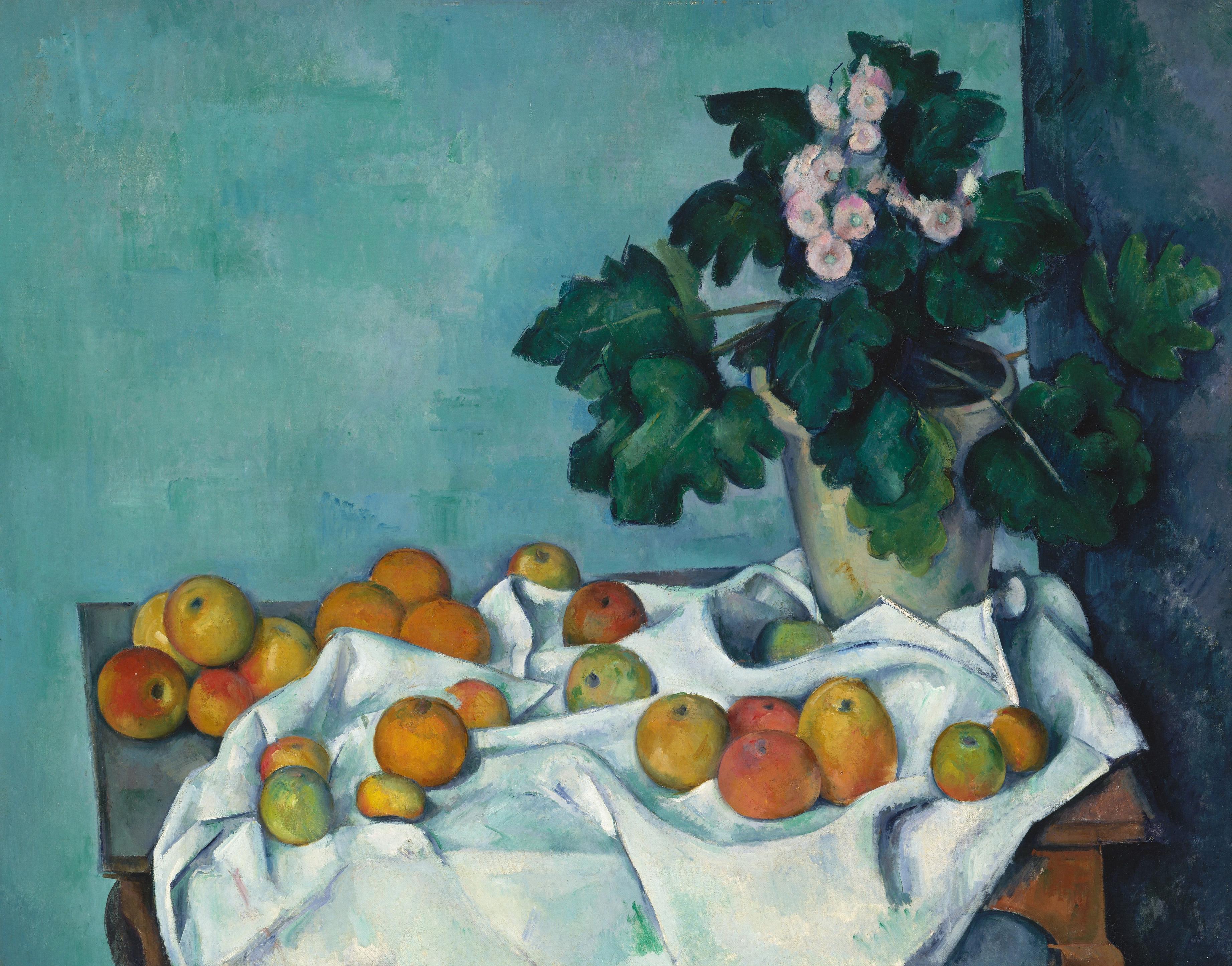 Still life painting of a primrose plant on a white cloth on top of a table scattered with apples.
