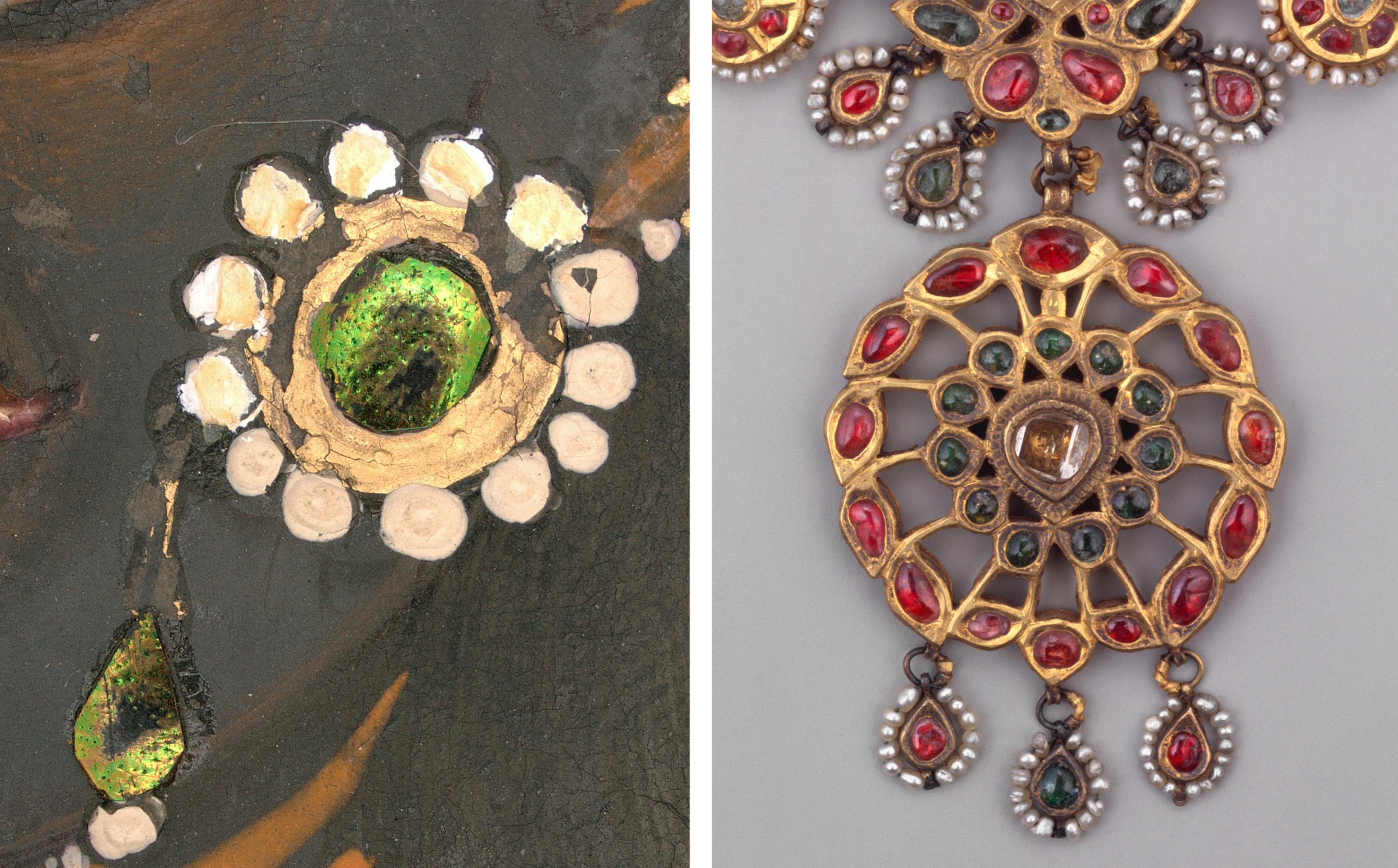 Diptych showing inlay of beetle-wing case in a painting at left, and ornate necklace with differently colored gemstones, at right.