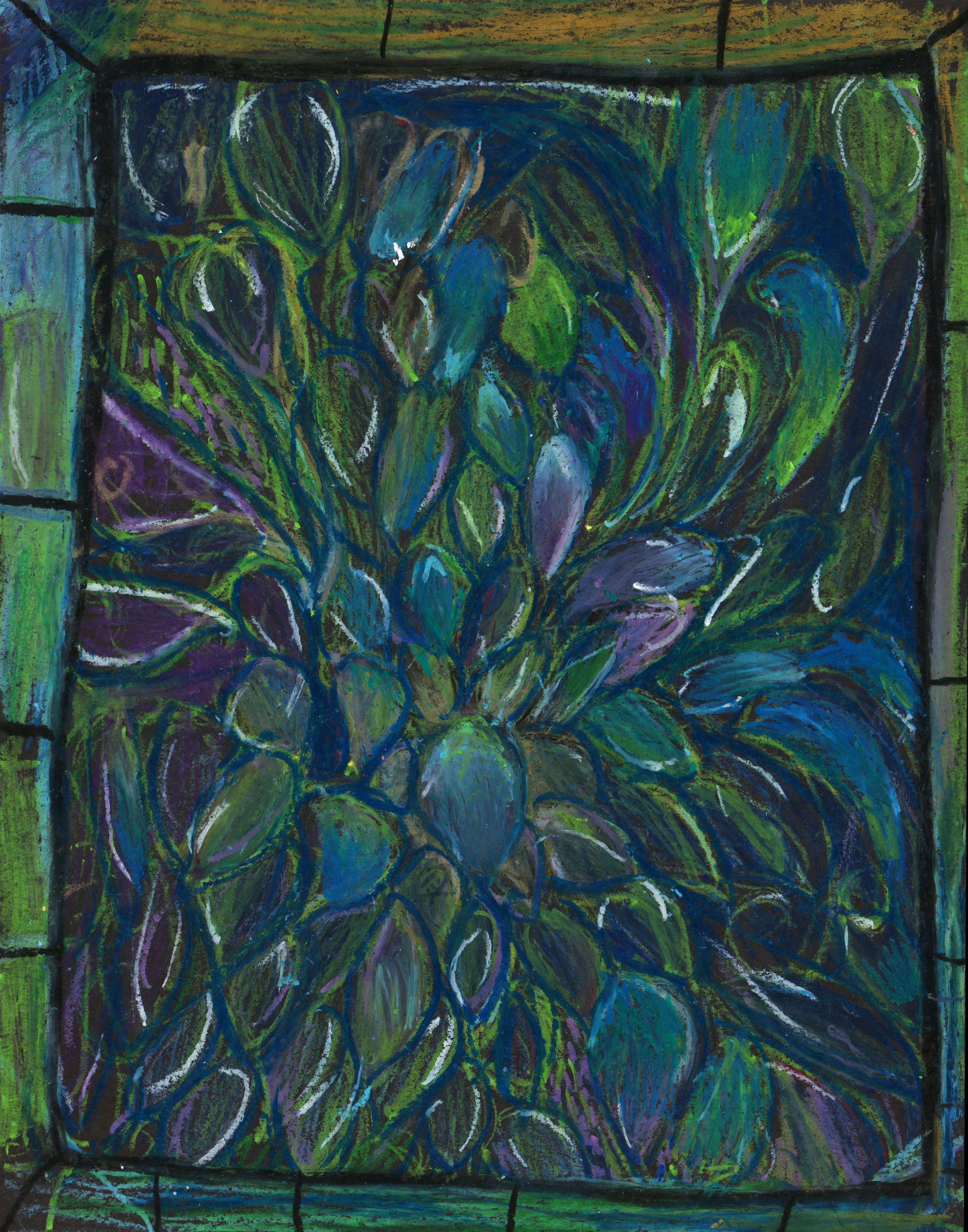 Oil pastel drawing of a stained glass window and its rectangular frame. The stained glass is composed entirely of a dense pattern of  blue, green, and purple abstract water droplets accented with dark blue outlines.