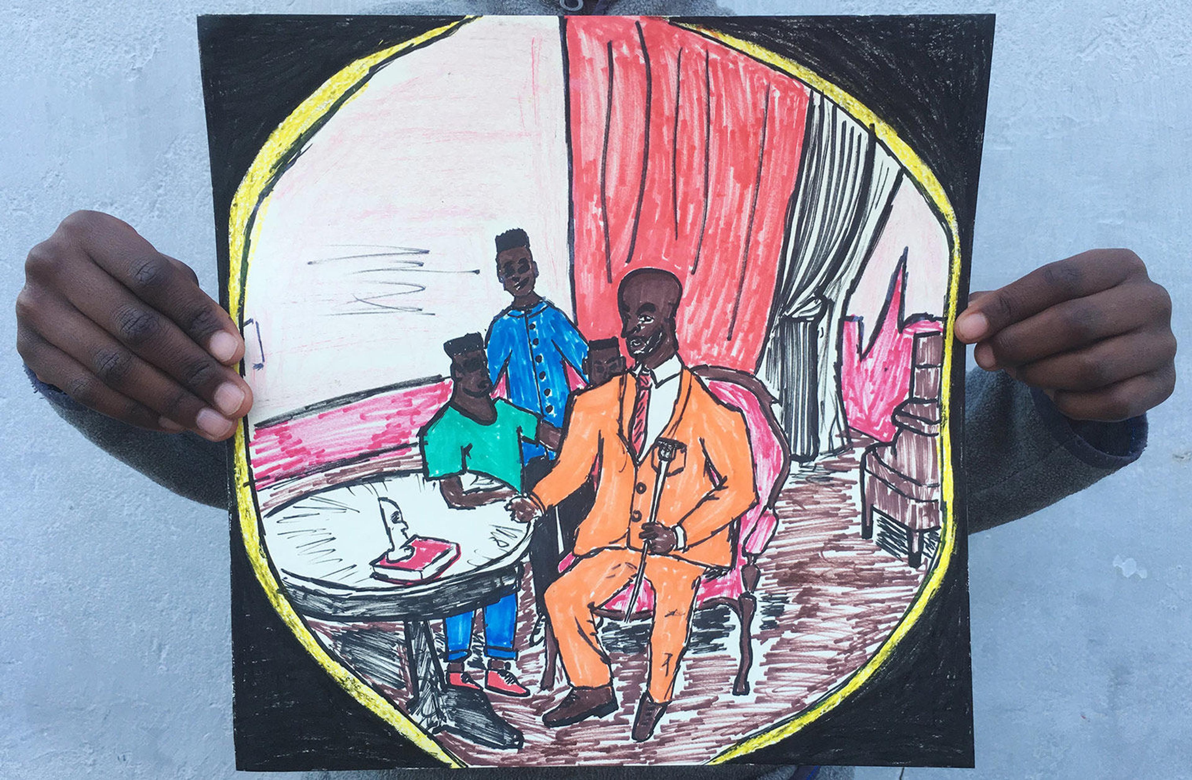 Thabo holds up his artwork depicting his family wearing colorful shades of orange, blue, and green gathered around a table.