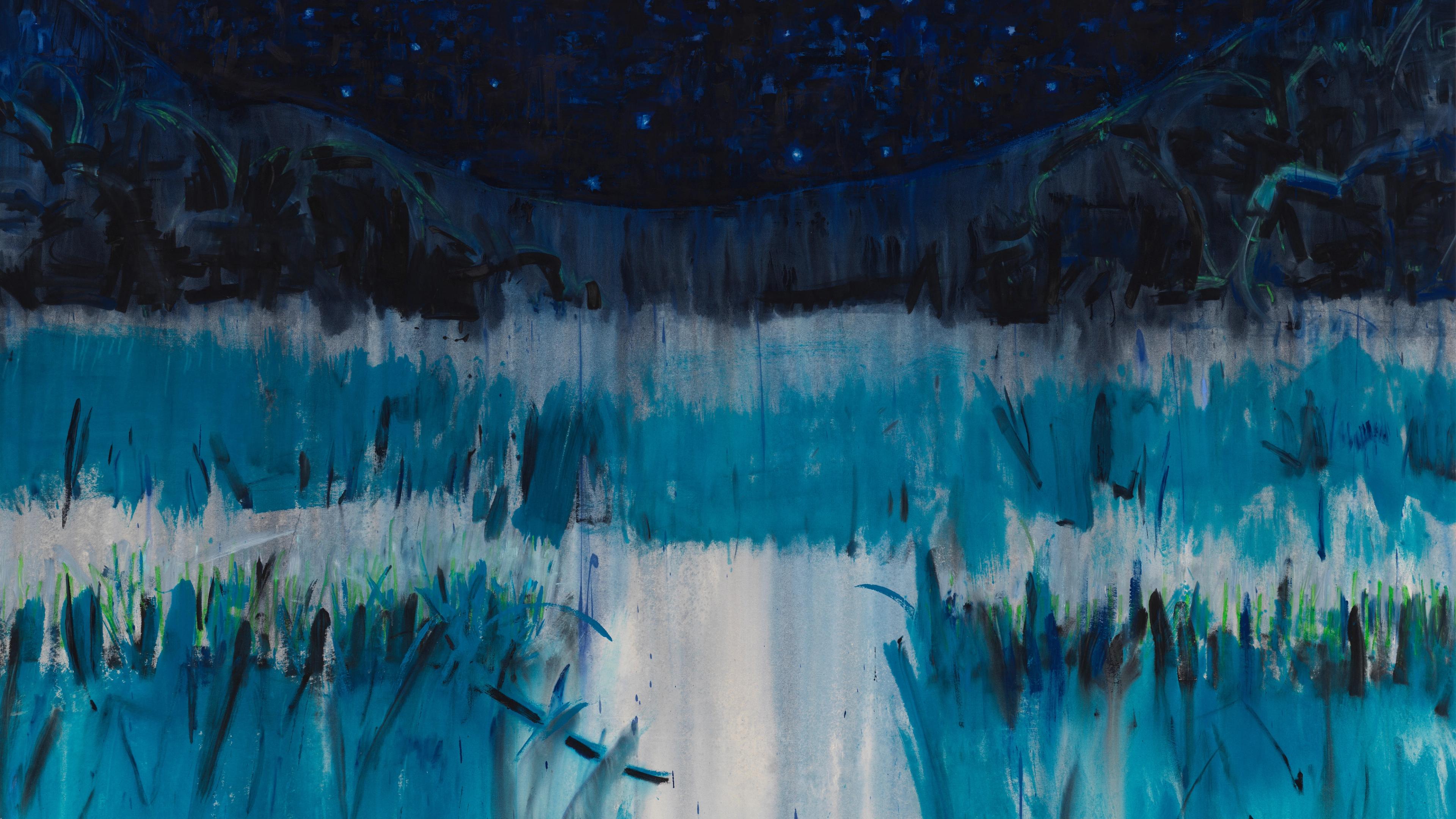 A marsh-like habitat at night, rendered in varying shades of blue.