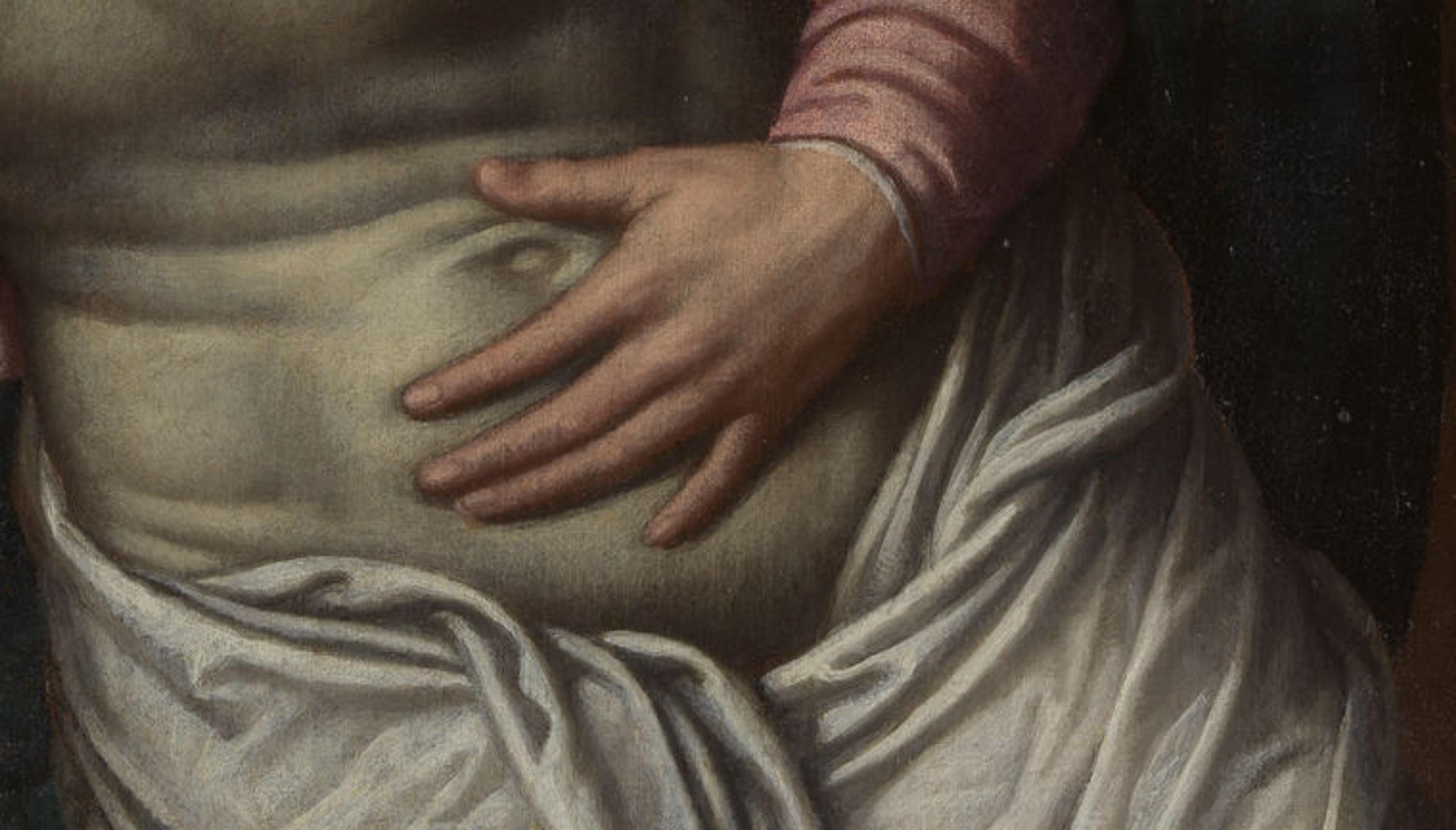 Detail view of Moretto da Brescia's Entombment scene, showing the Virgin Mary's hands on Christ's abdomen