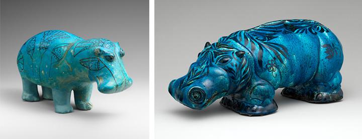 The Met's unofficial mascot, William the hippo on the left, and Carl W. Walter's blue hippo on the right.