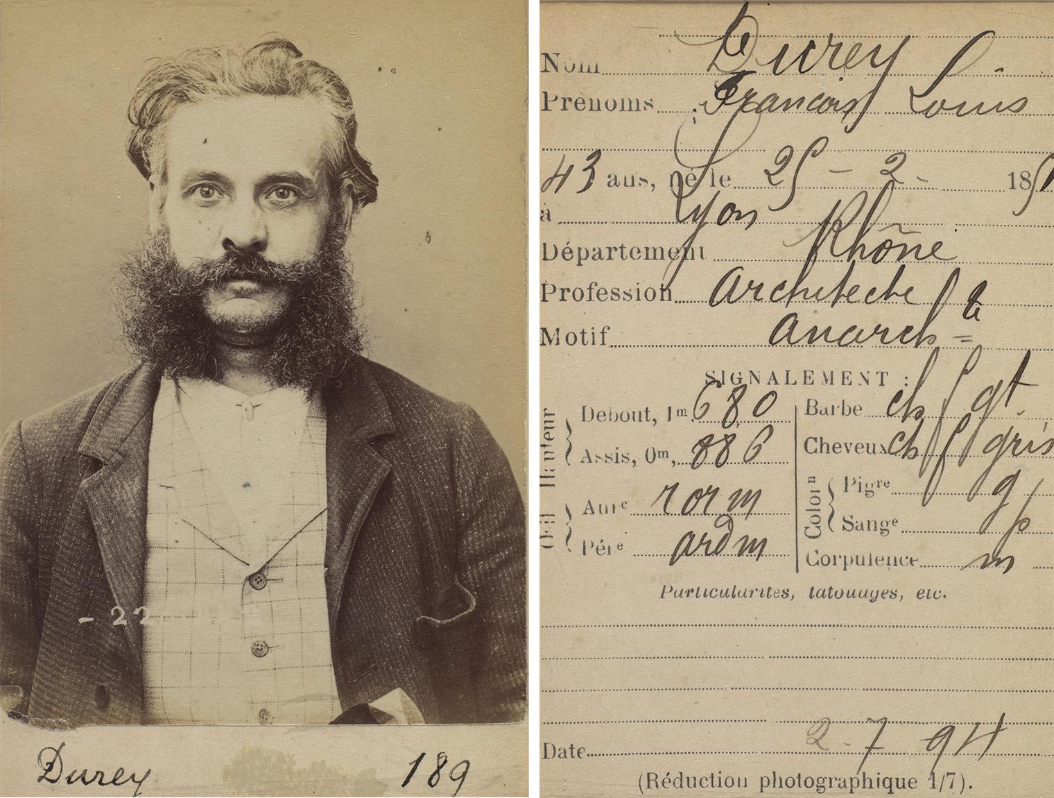 Portrait of a man with a thick mustache and beard, wearing a checkered vest and dark jacket, alongside handwritten notes in French detailing personal information.