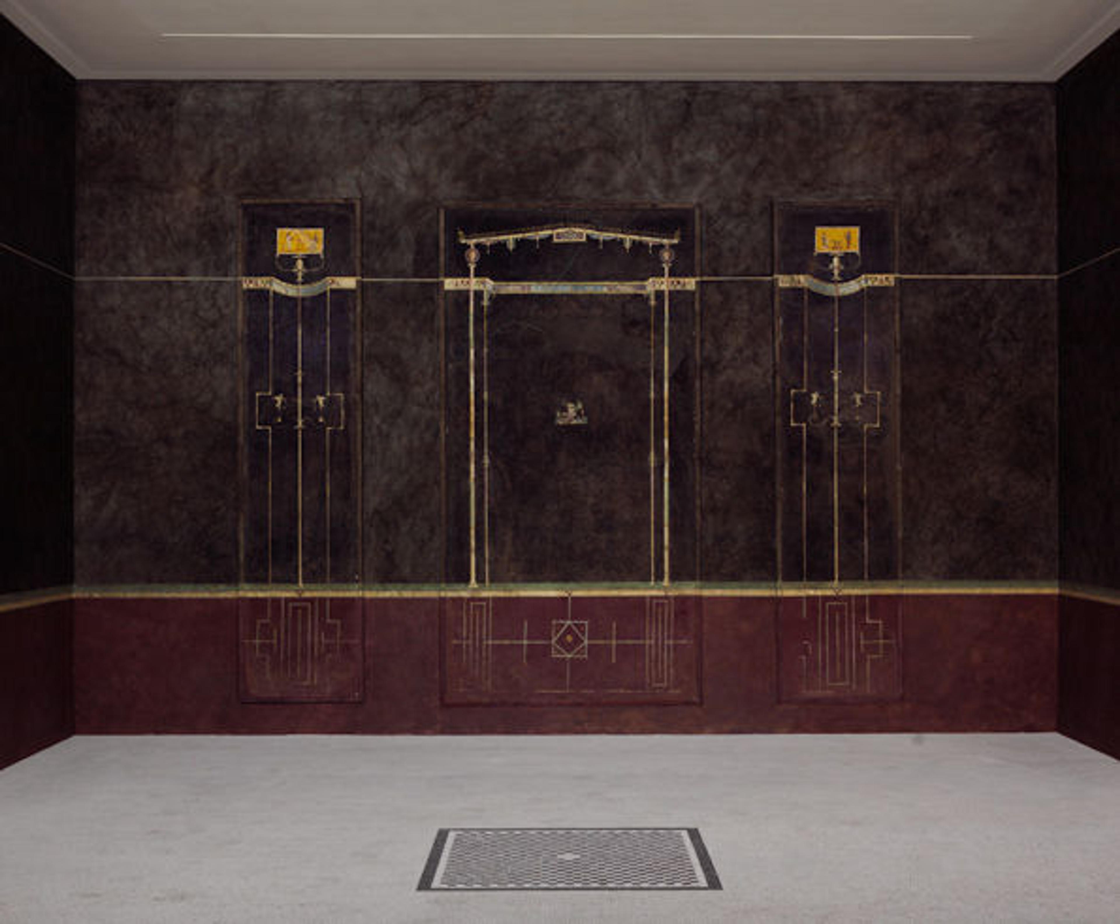 Wall painting on black ground: Aedicula with small landscape, from the imperial villa at Boscotrecase | 20.192.1