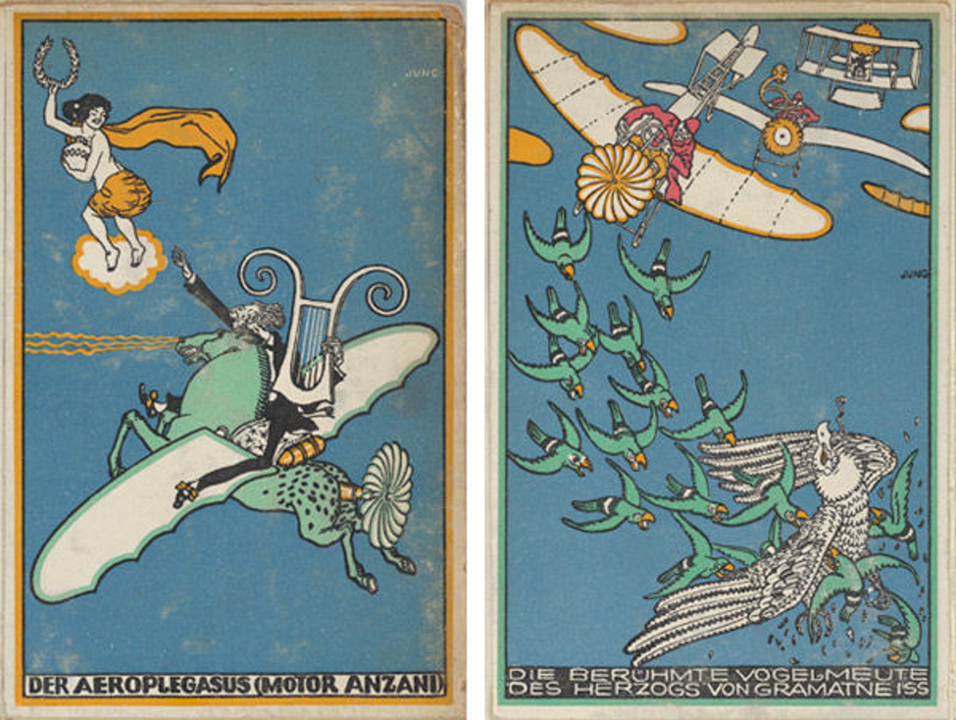 Left: The Aeroplegasus (Anzani Engines). Right: The Duke of Gramatneiss's Famous Pack of Birds