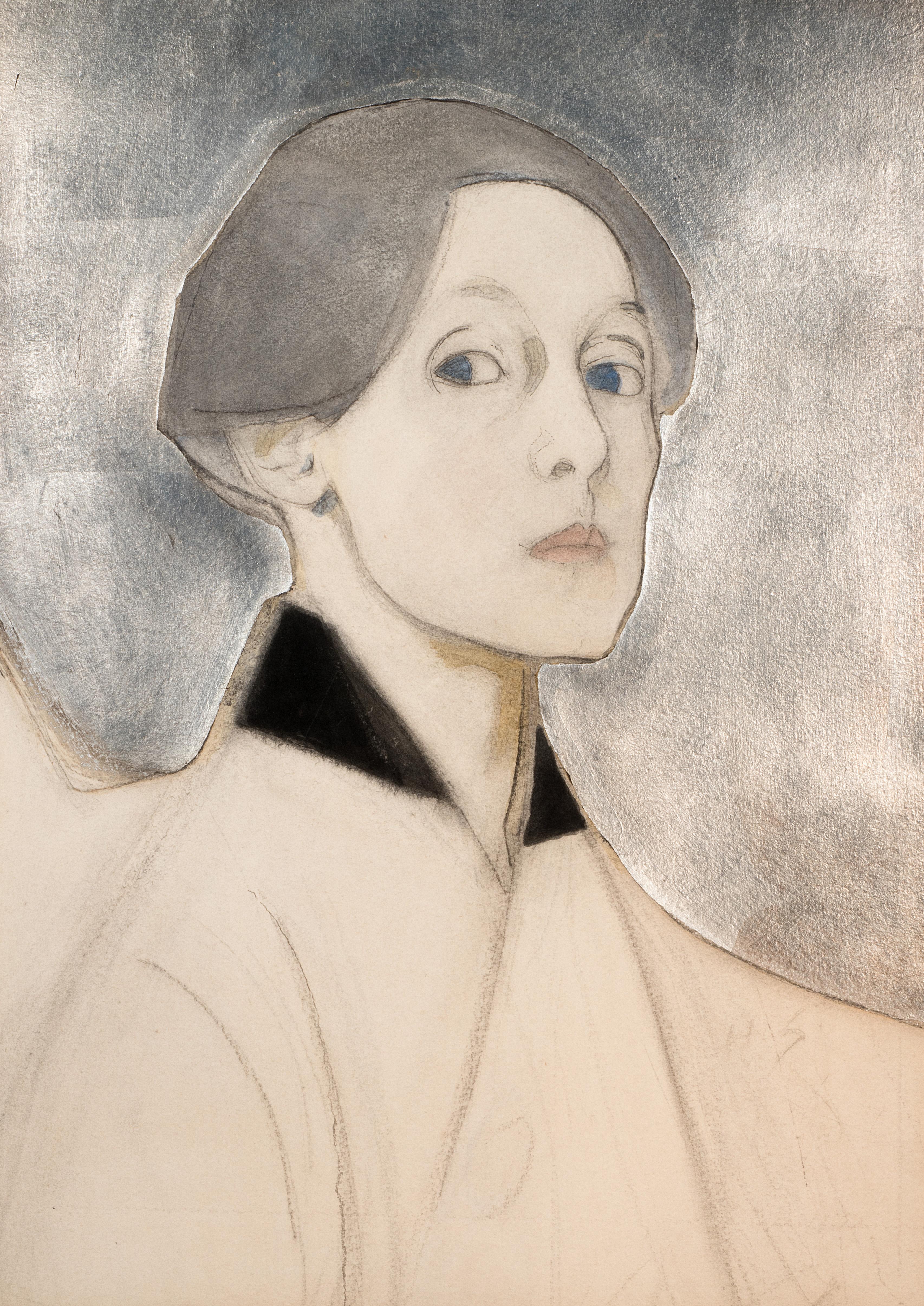 Lightly-colored drawing of a woman with short hair and large blue eyes looking off to the side..