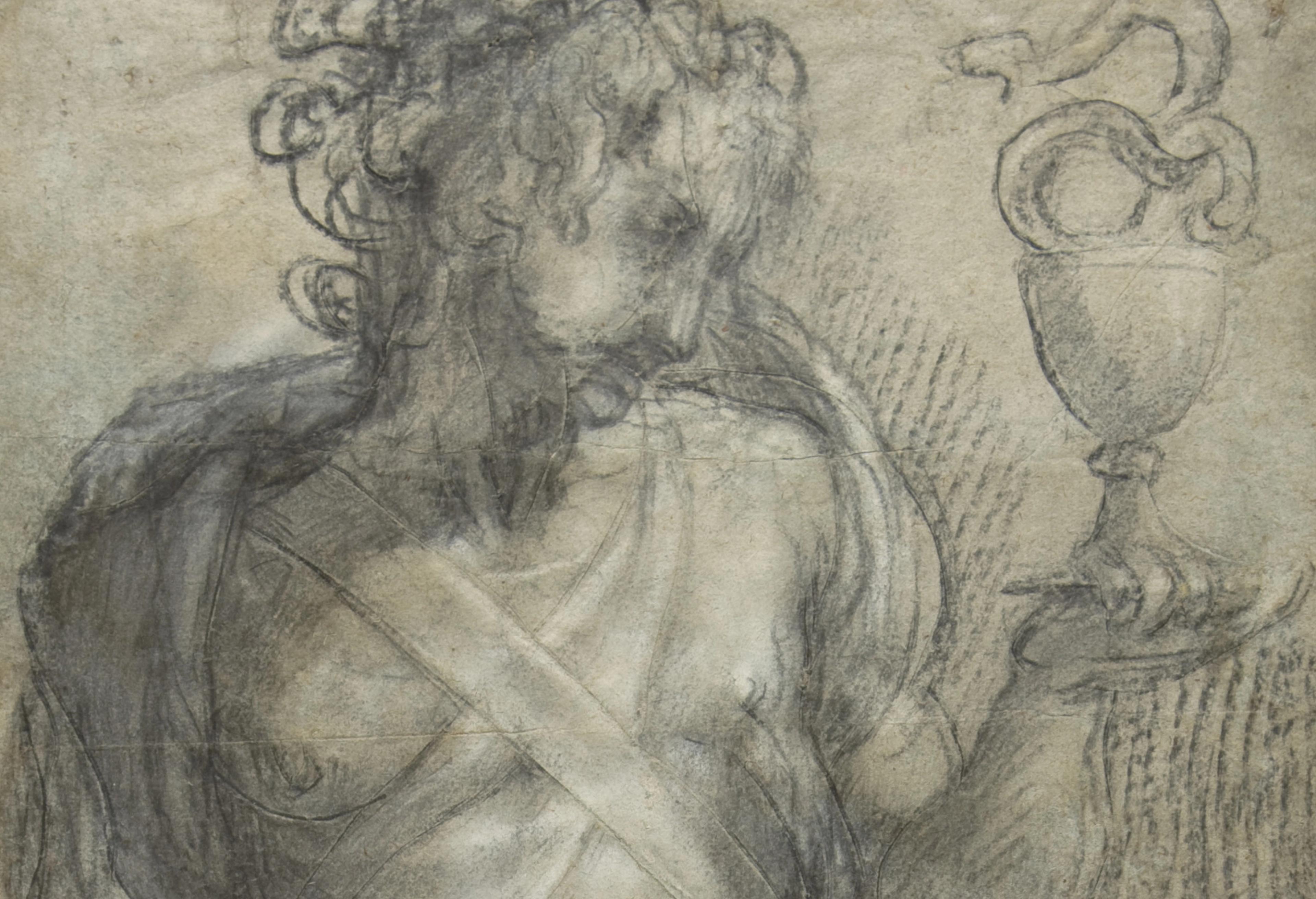 A close detail of a wrinkled charcoal sketch of a bare-chested, curly-haired man looking at the ancient urn in his left hand.